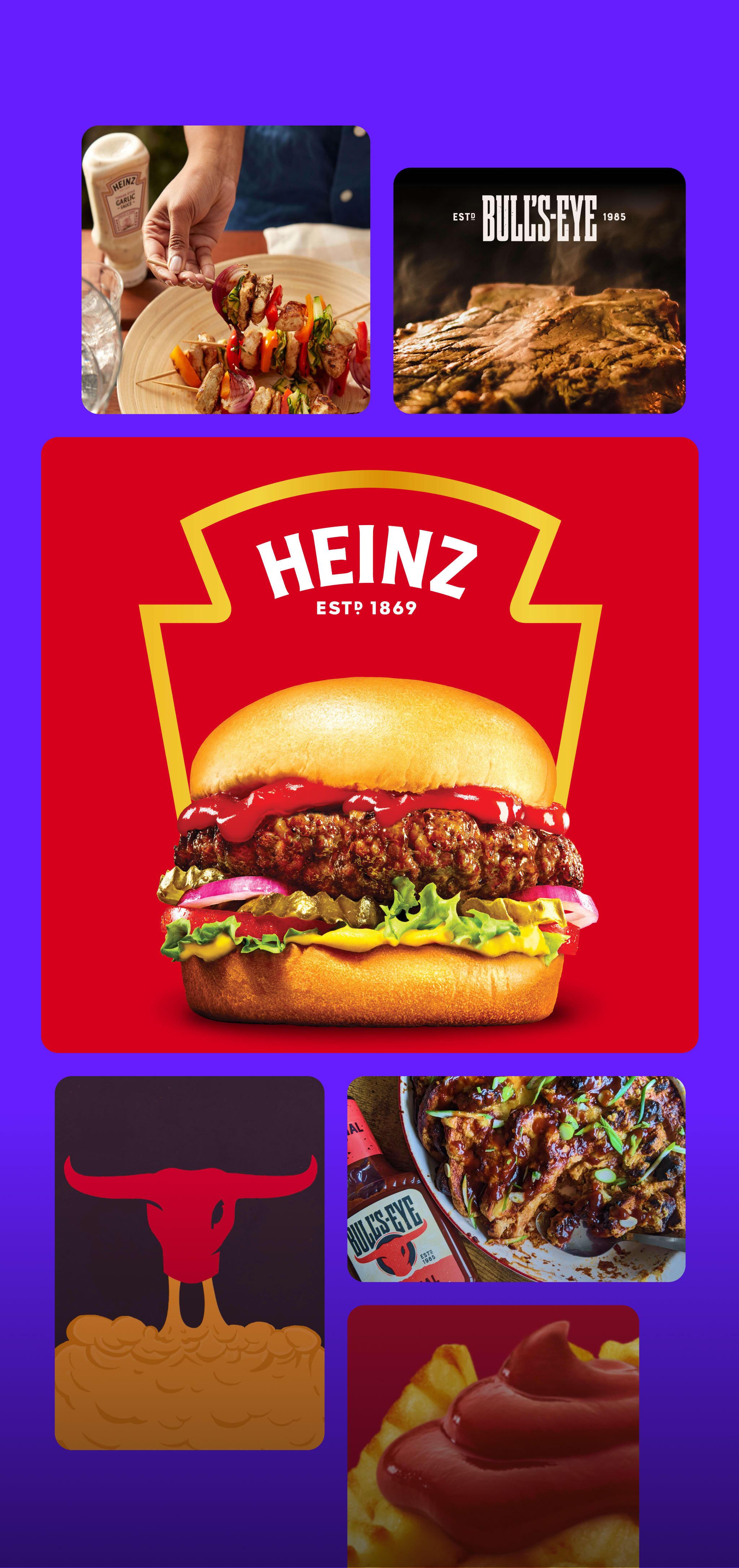 Collage av Heinz och Bull's-Eye produkter: hamburgare, biff, pommes frites, spett och gryta.