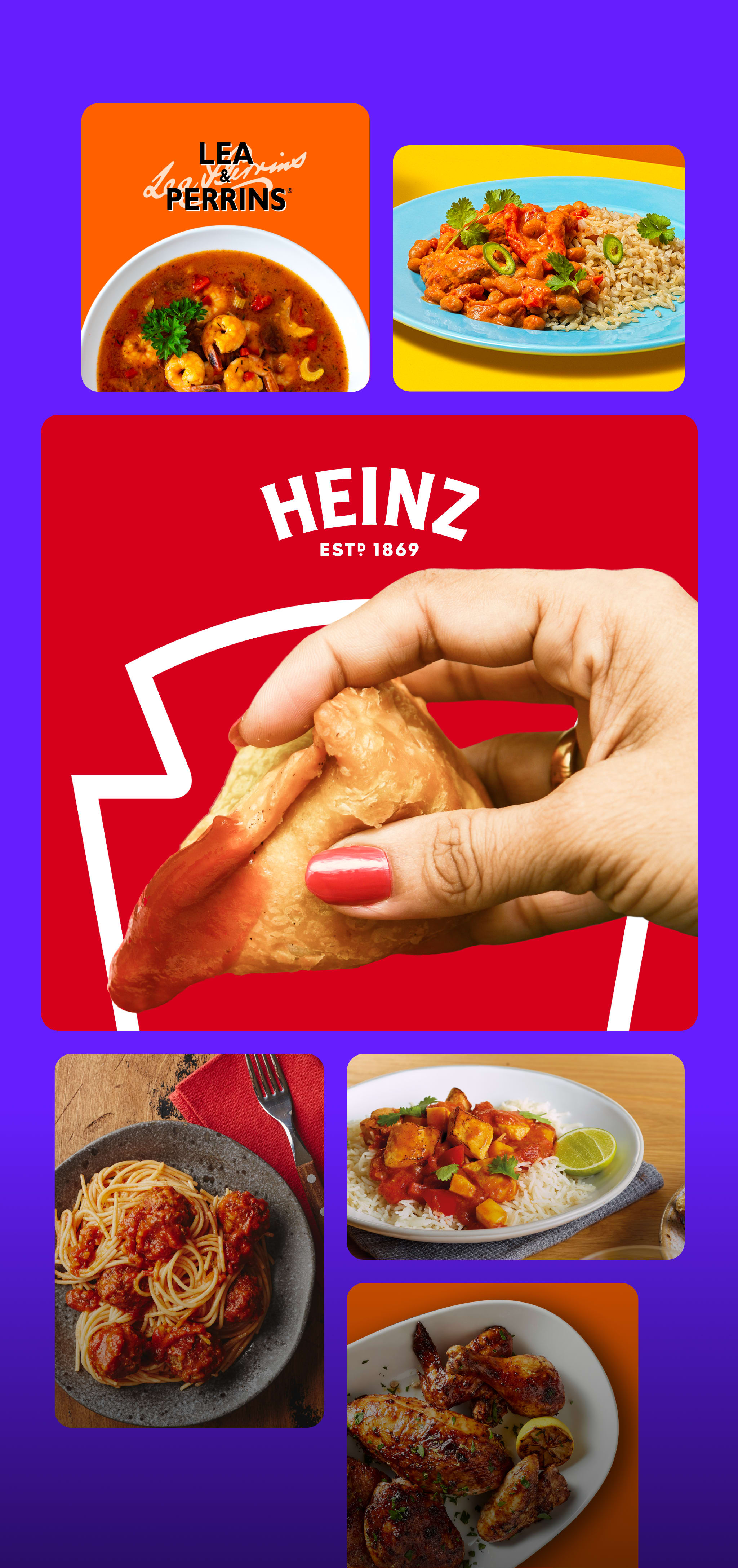 Image of various food dishes and Heinz & Lea & Perrins products.