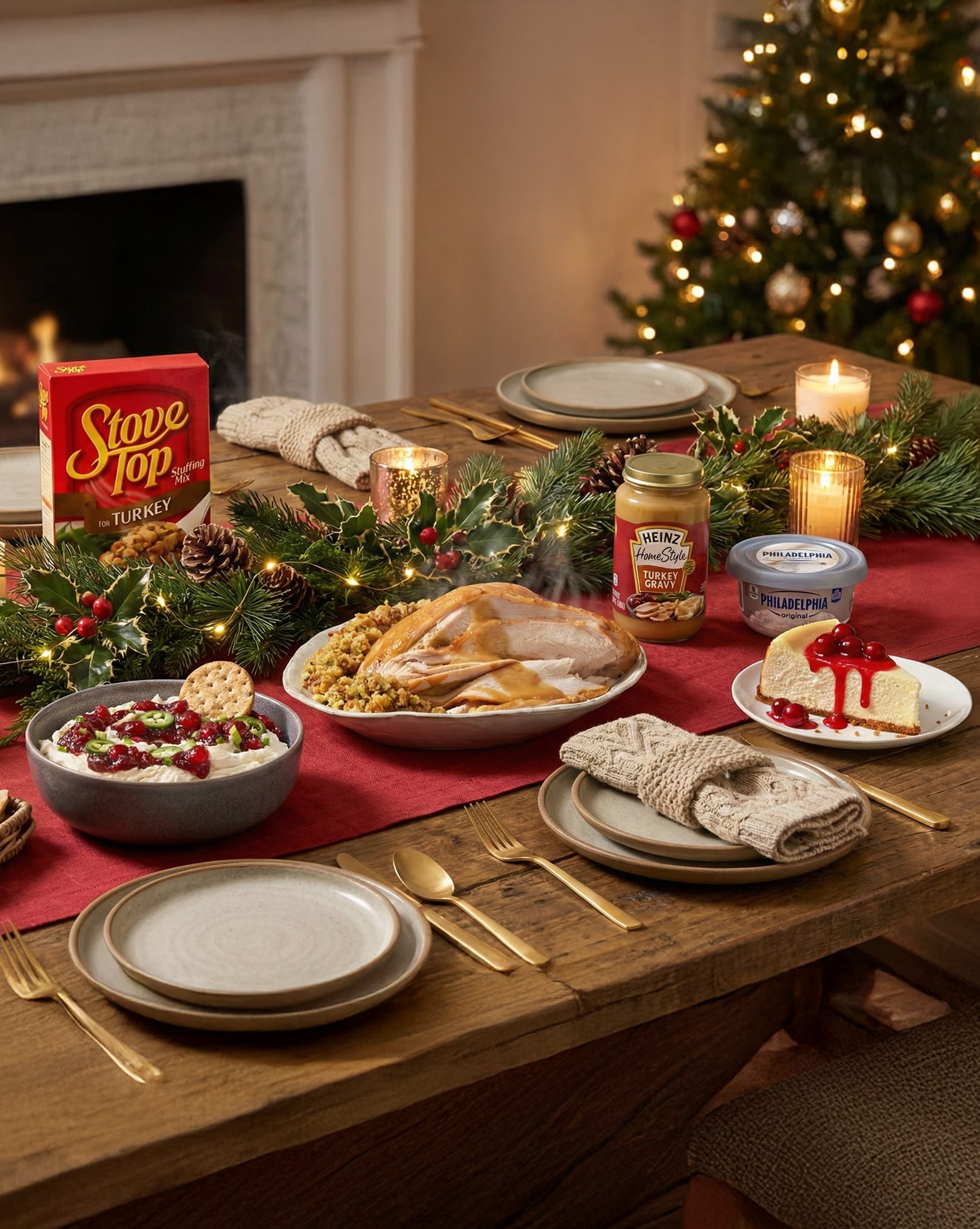 A table set for a holiday dinner with a turkey breast, Stove Top stuffing, gravy, dip, and cherry cheesecake.