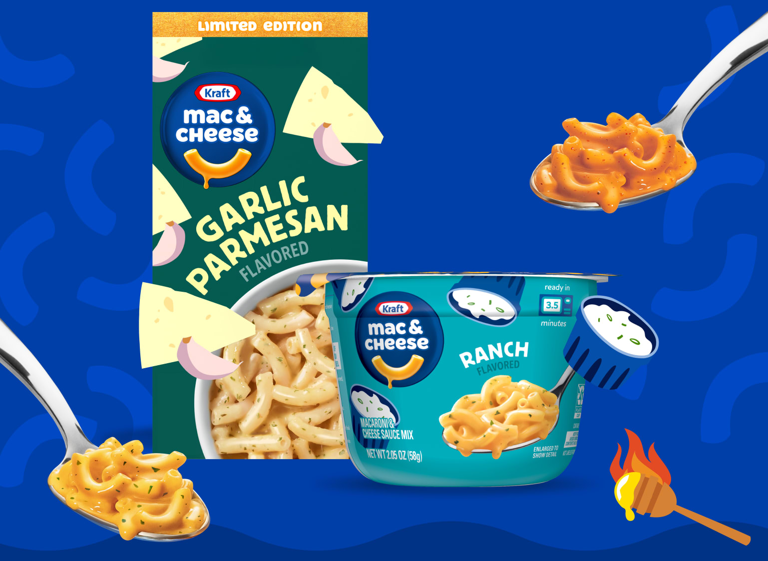 Kraft Mac & Cheese Limited Edition Garlic Parmesan and Ranch flavors, with cheesy pasta bowls, comfort food.