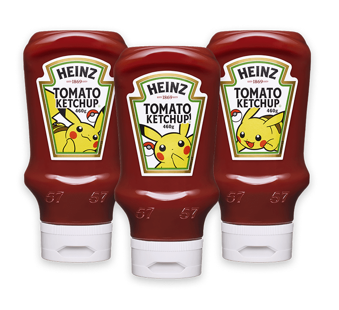 ピカチュウのイラストが描かれたハインツ逆さケチャップ3種類の限定デザインボトル