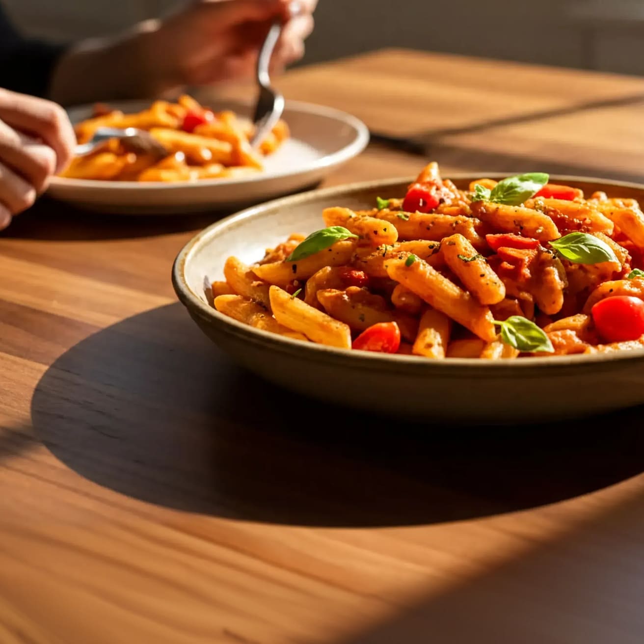 A close-up shot of a bowl of creamy penne pasta, garnished with fresh basil leaves and vibrant red cherry tomatoes.