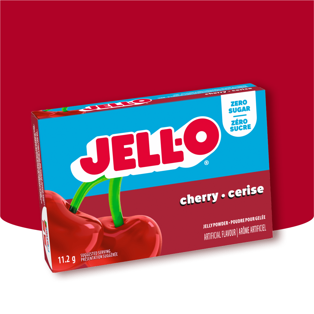 Jell-O Cherry Jelly Powder box emphasizes the "zero sugar" aspect against a red and pink background.