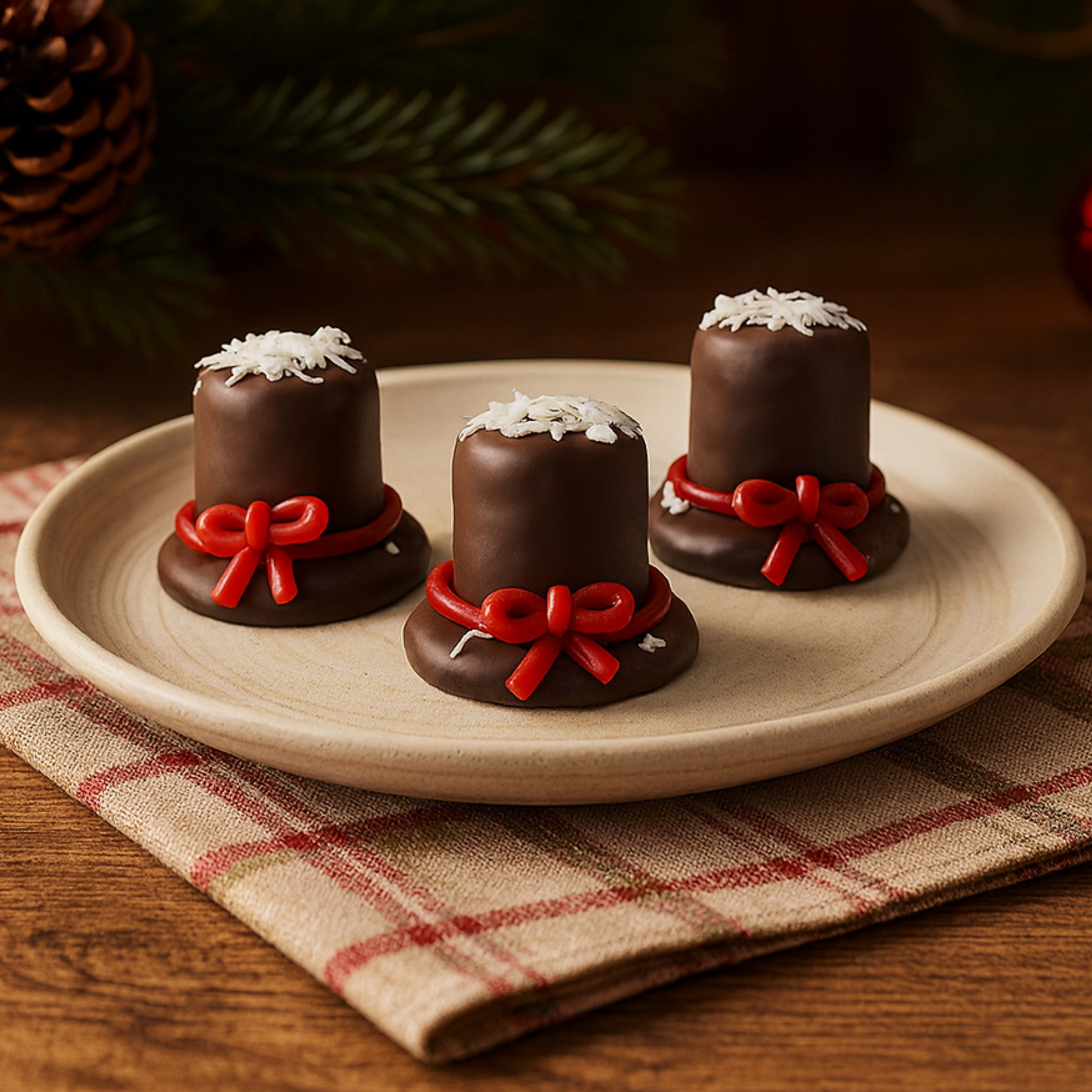 Three festive, bite-sized chocolate treats resembling miniature top hats, each adorned with a vibrant red bow around its base and sprinkled with white shredded coconut on top. The desserts are presented on a rustic light wooden plate, which sits on a beige and red plaid napkin. In the soft-focus background, holiday elements like a pinecone, green pine branches, and a red ornament enhance the celebratory atmosphere against a dark wooden backdrop.