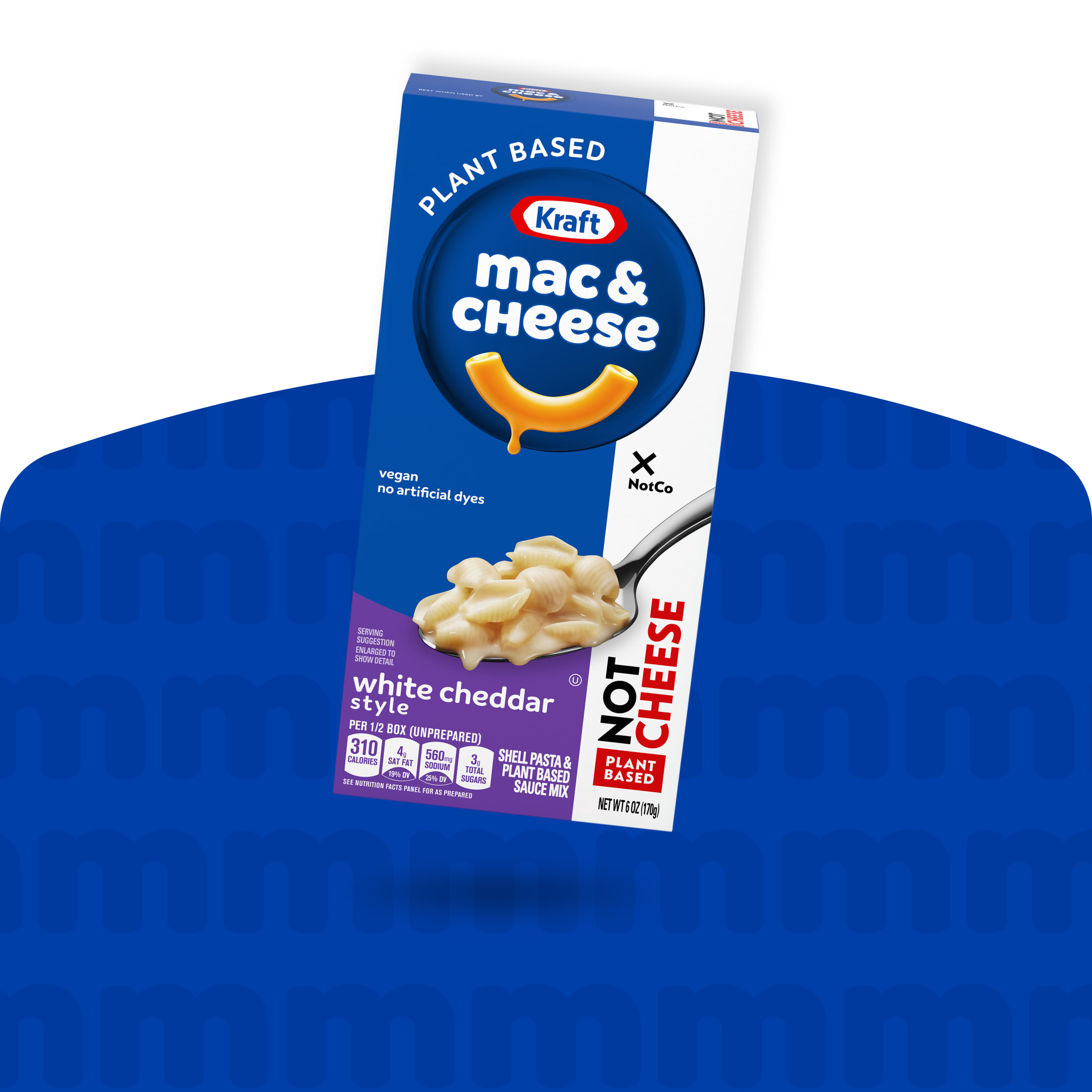 Kraft Original Flavor Plant-Based Mac & Cheese box, vegan and dairy-free with NotCo logo, on a blue patterned background.