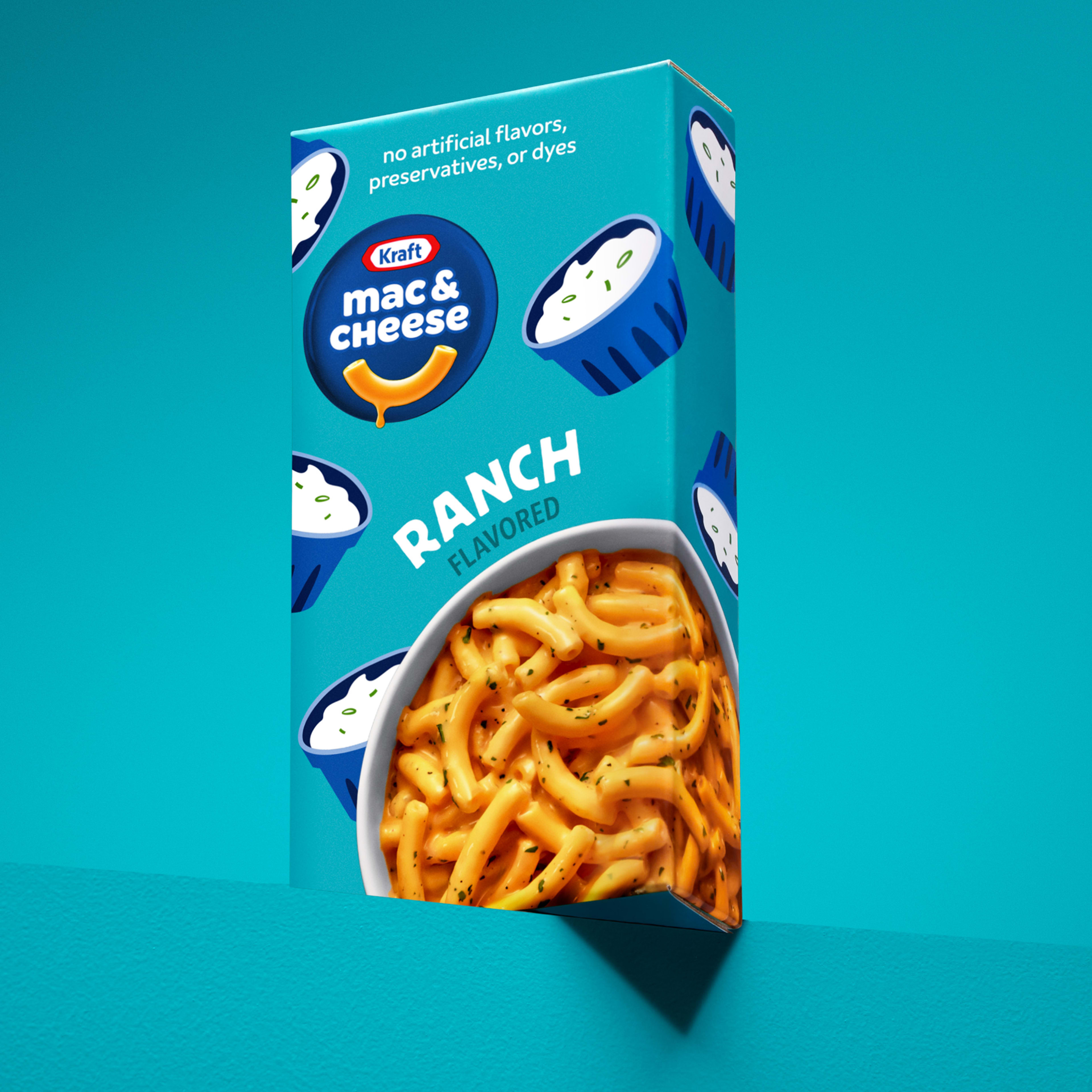 Kraft Mac & Cheese Ranch Flavored box with cheesy macaroni and ranch cups. No artificial flavors, preservatives, or dyes.