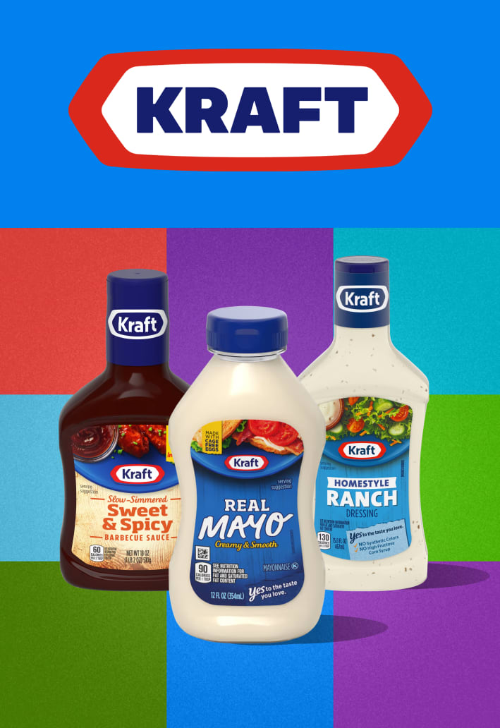 Three Kraft sauces: Original Barbecue Sauce, Real Mayo Mayonnaise, and Classic Ranch Dressing, set against a multicolored bac