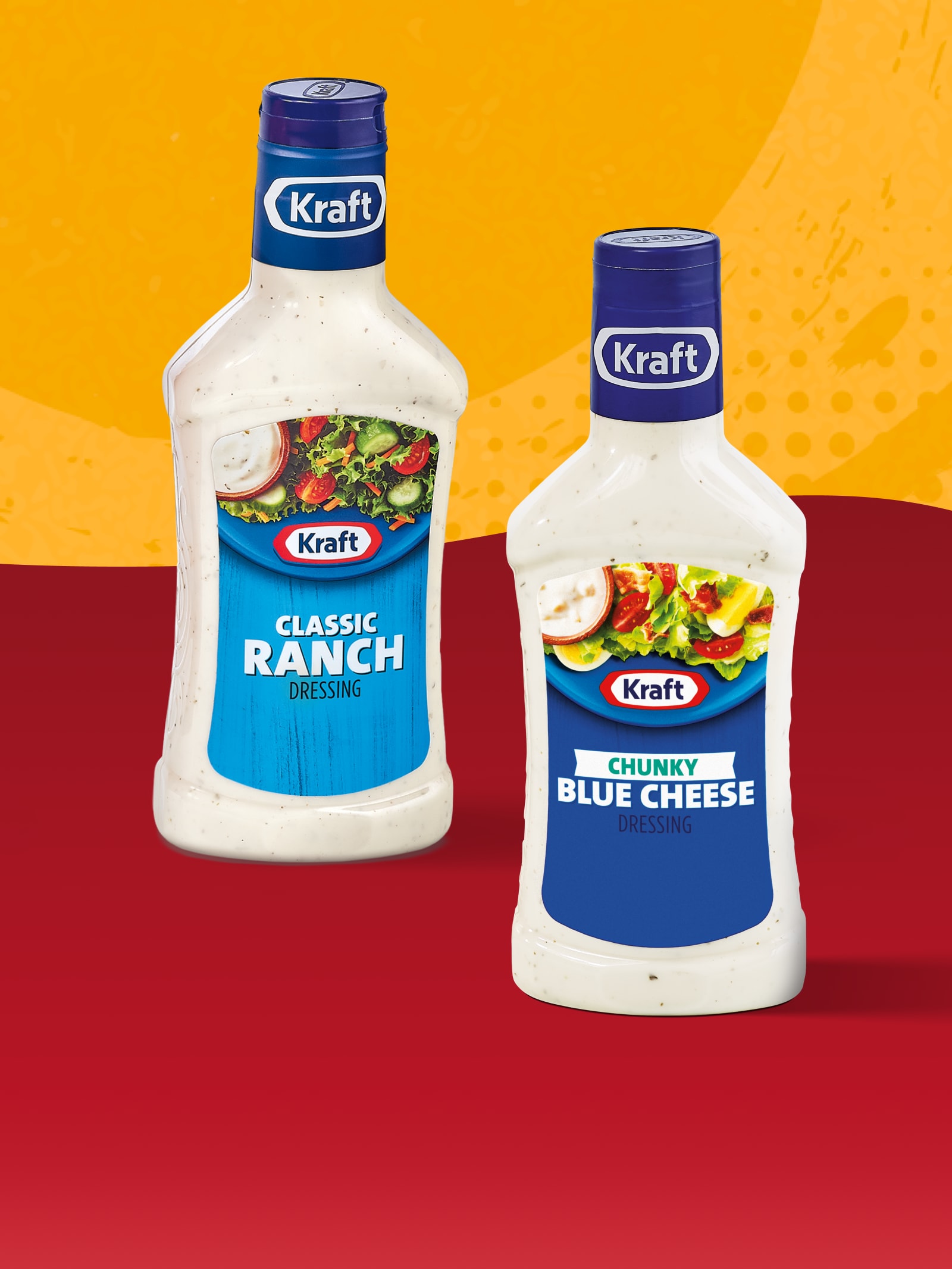 Two Kraft dressing bottles: Classic Ranch and Chunky Blue Cheese.