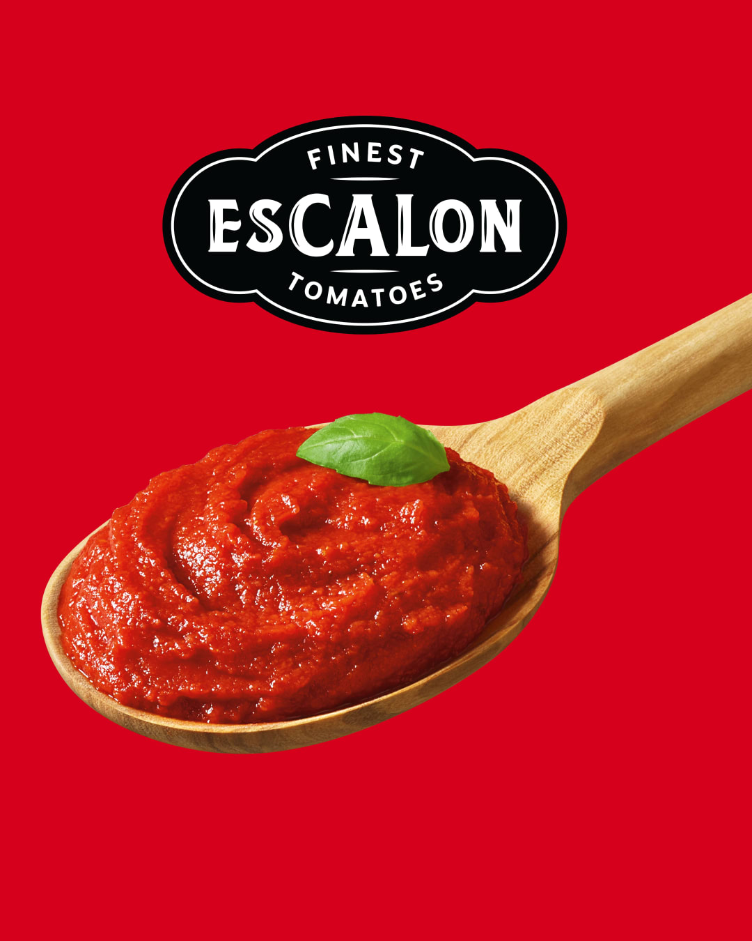 A spoonful of tomato paste on a red background and the Escalon Logo