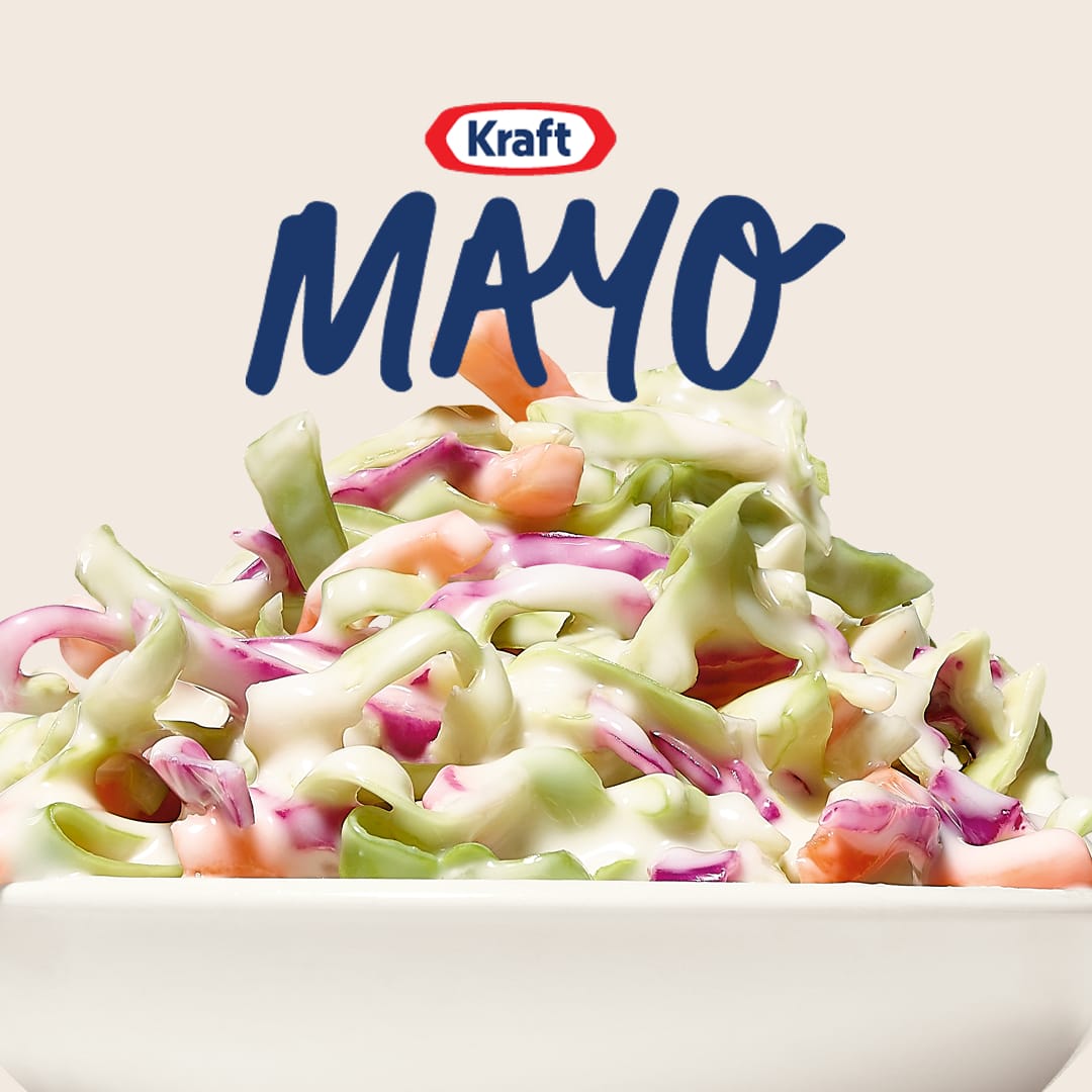 An image of a portion of coleslaw with the Kraft Mayo logo on top