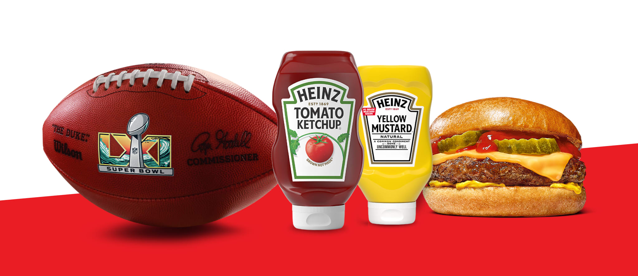Heinz, Kraft, Velveeta, Miracle Whip, and Classico products standing on a round patch of grass.