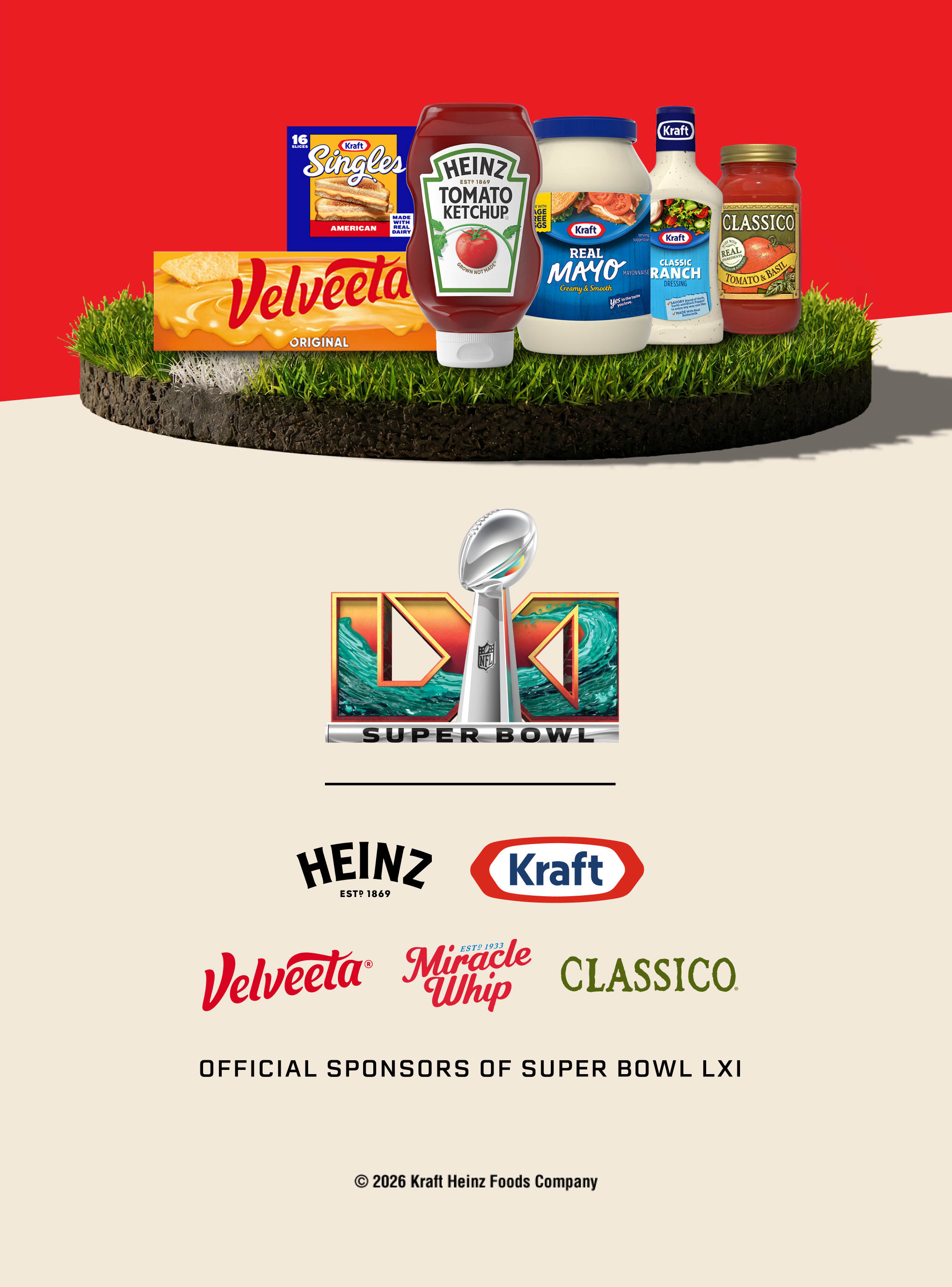 Heinz, Kraft, Velveeta, Miracle Whip, and Classico products standing on a round patch of grass.