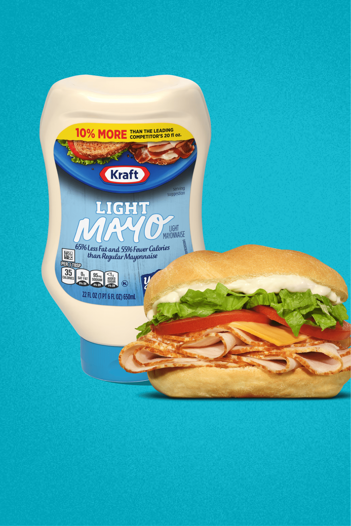 A bottle of Kraft Light Mayo next to a delicious sandwich, showcasing a creamy and smooth condiment made with cage-free eggs.