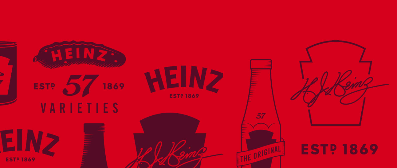 A vibrant red background showcases a repeating pattern of vintage Heinz logos, slogans, and imagery. The design features the 
