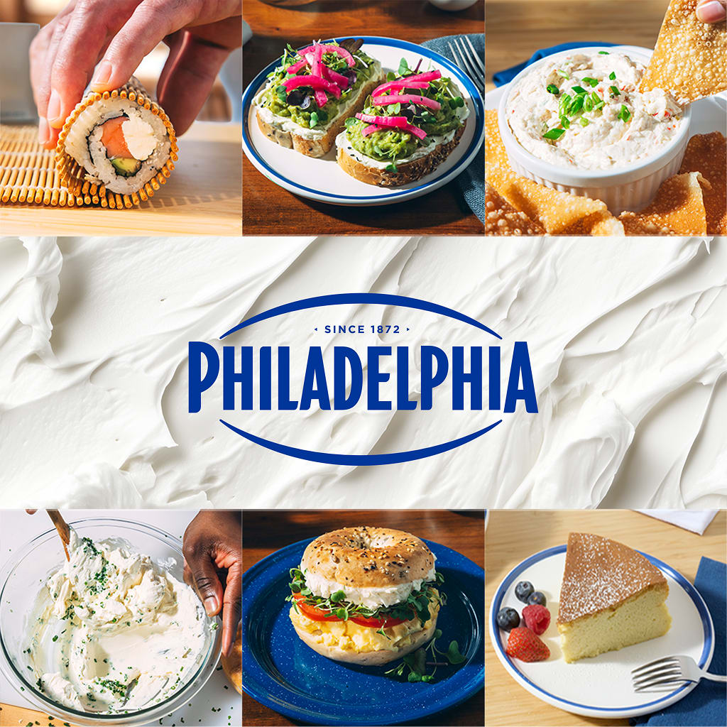 A vibrant collage showcasing diverse culinary applications of Philadelphia Cream Cheese, including sushi, avocado toast, crea