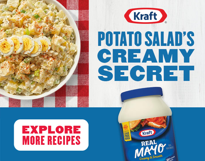 Kraft Real Mayo ad: "Potato salad's creamy secret" featuring a bowl of potato salad and a jar of Real Mayo.
