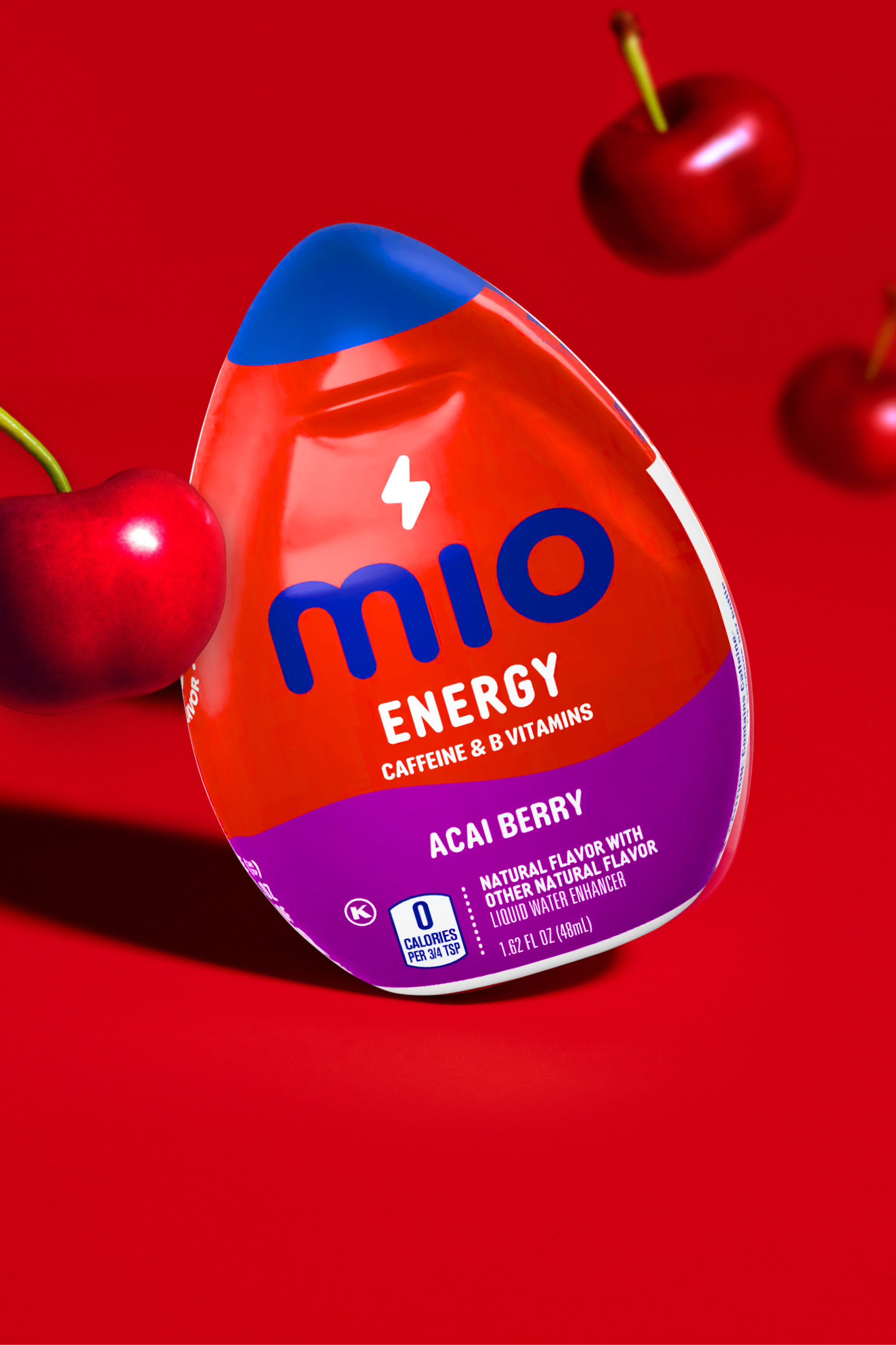 A bottle of Mio Energy Acai Berry liquid water enhancer, a zero-calorie drink mix with caffeine and B vitamins from Kraft Hei