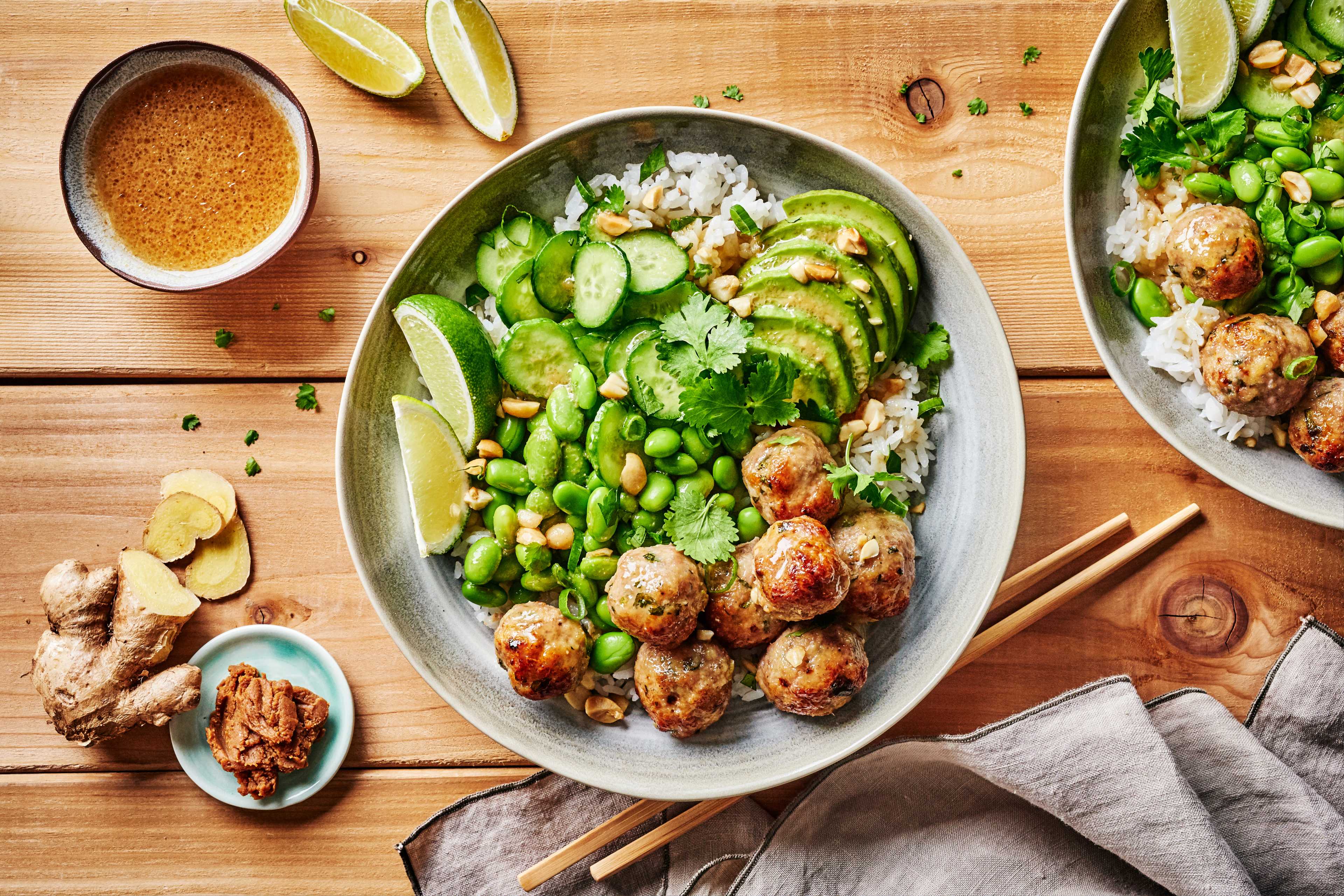 Miso-Ginger Glazed Pork Meatball Bowl featuring Pure J.L. KRAFT Miso Lime Ginger Dressing & Marinade