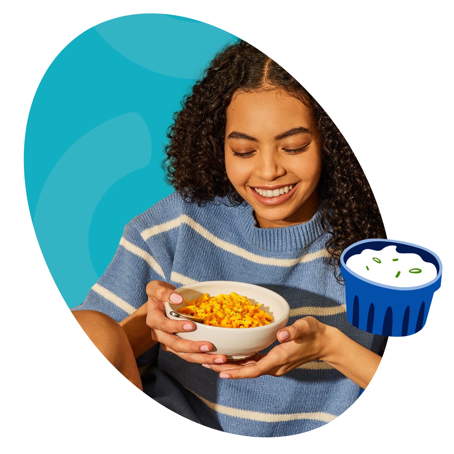 Happy person enjoying Kraft Mac & Cheese with a side of Ranch dressing.