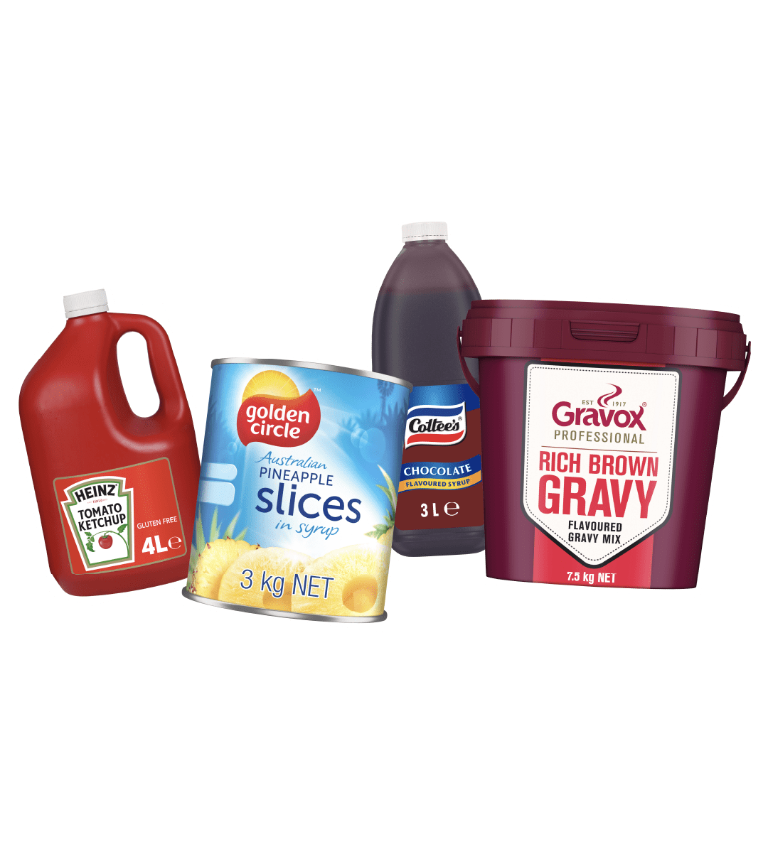 Heinz Ketchup, Golden Circle Pineapple Slices, Cottee's Chocolate Syrup, and Gravox Rich Brown Gravy.