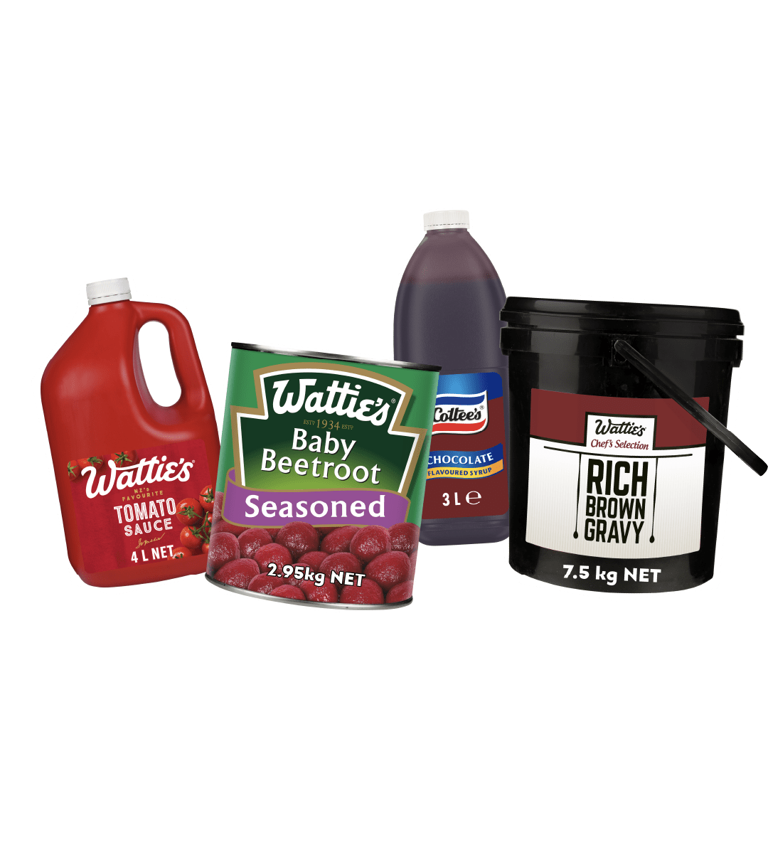 Wattie's Tomato Sauce, Baby Beetroot, Cottee's Chocolate Flavoured Syrup, and Rich Brown Gravy.
