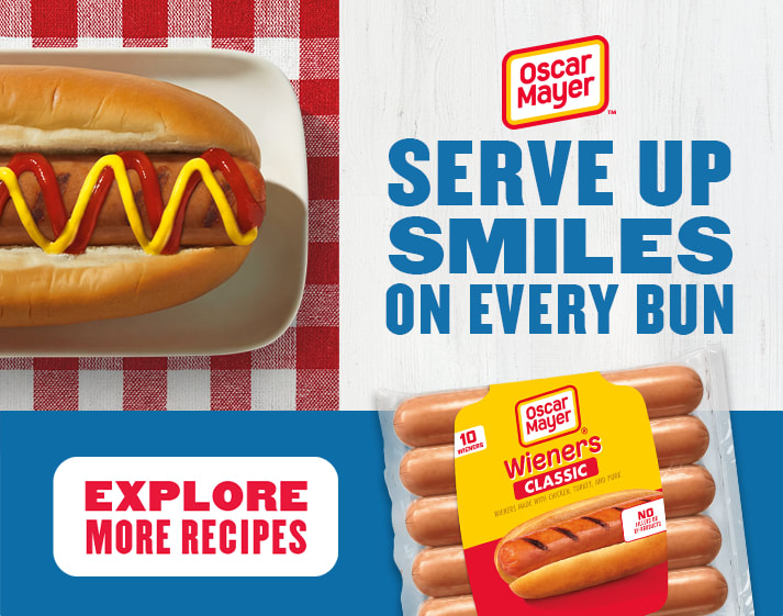 Oscar Mayer ad: "Serve up smiles on every bun" next to a hot dog and a 10-count pack of Classic Wieners.