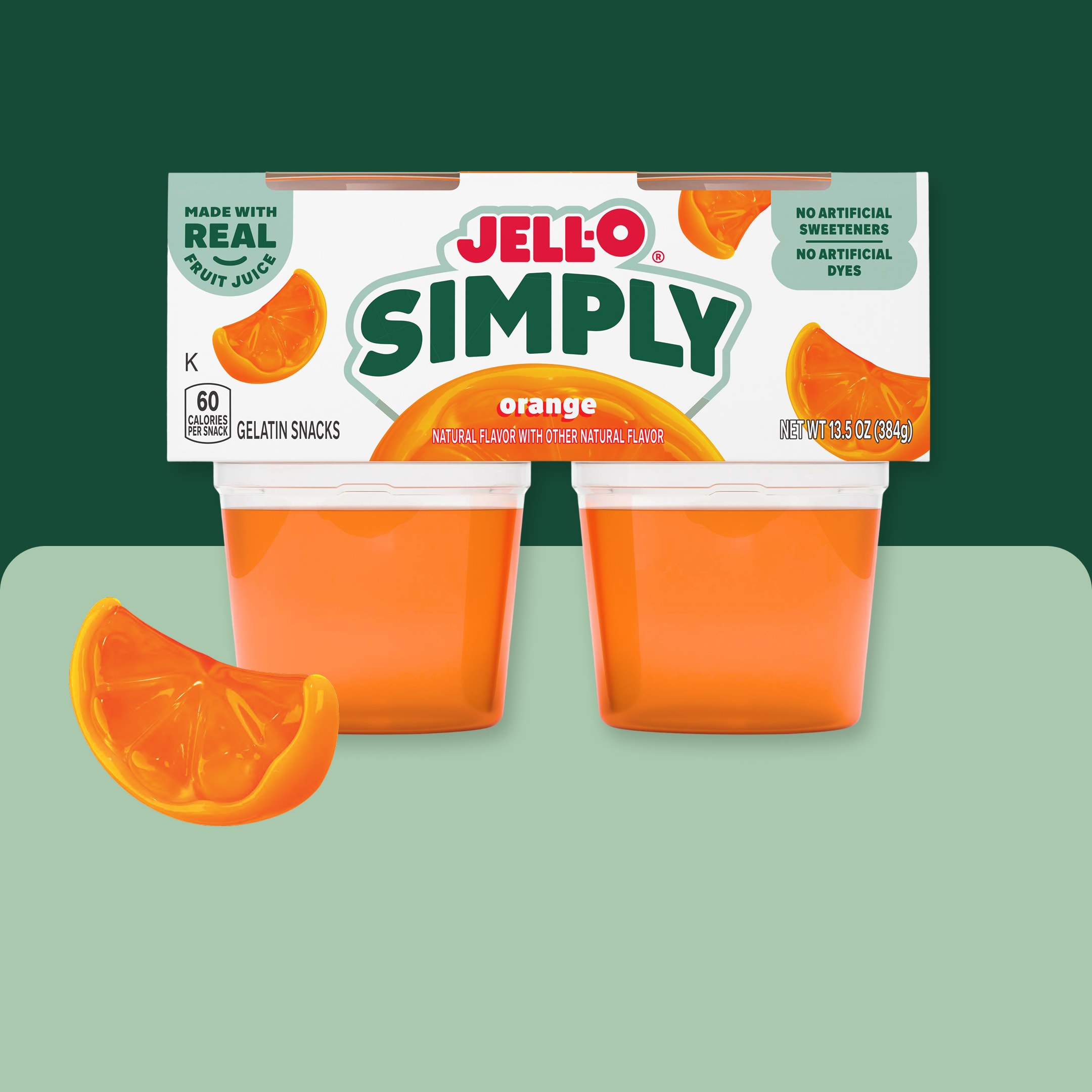 Two Jell-O Simply Orange Gelatin snacks made with real fruit juice. No artificial sweeteners or dyes.