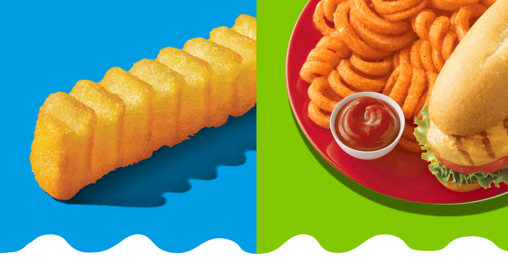 A vibrant image featuring golden Ore-Ida waffle fries on a blue background alongside a red plate of crispy curly fries