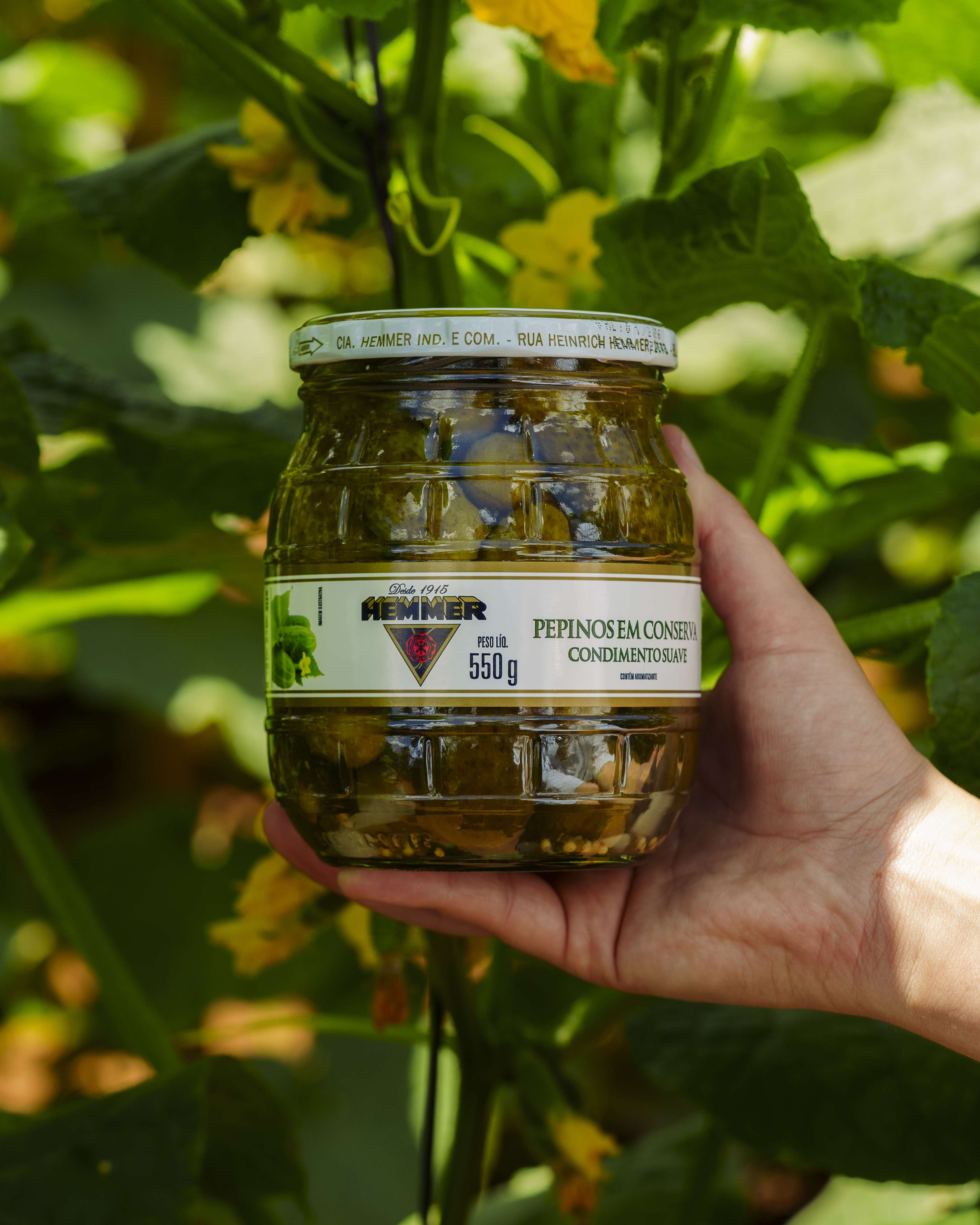 Um pote de picles da marca Hemmer sendo segurado em uma mão, contra um fundo frondoso.