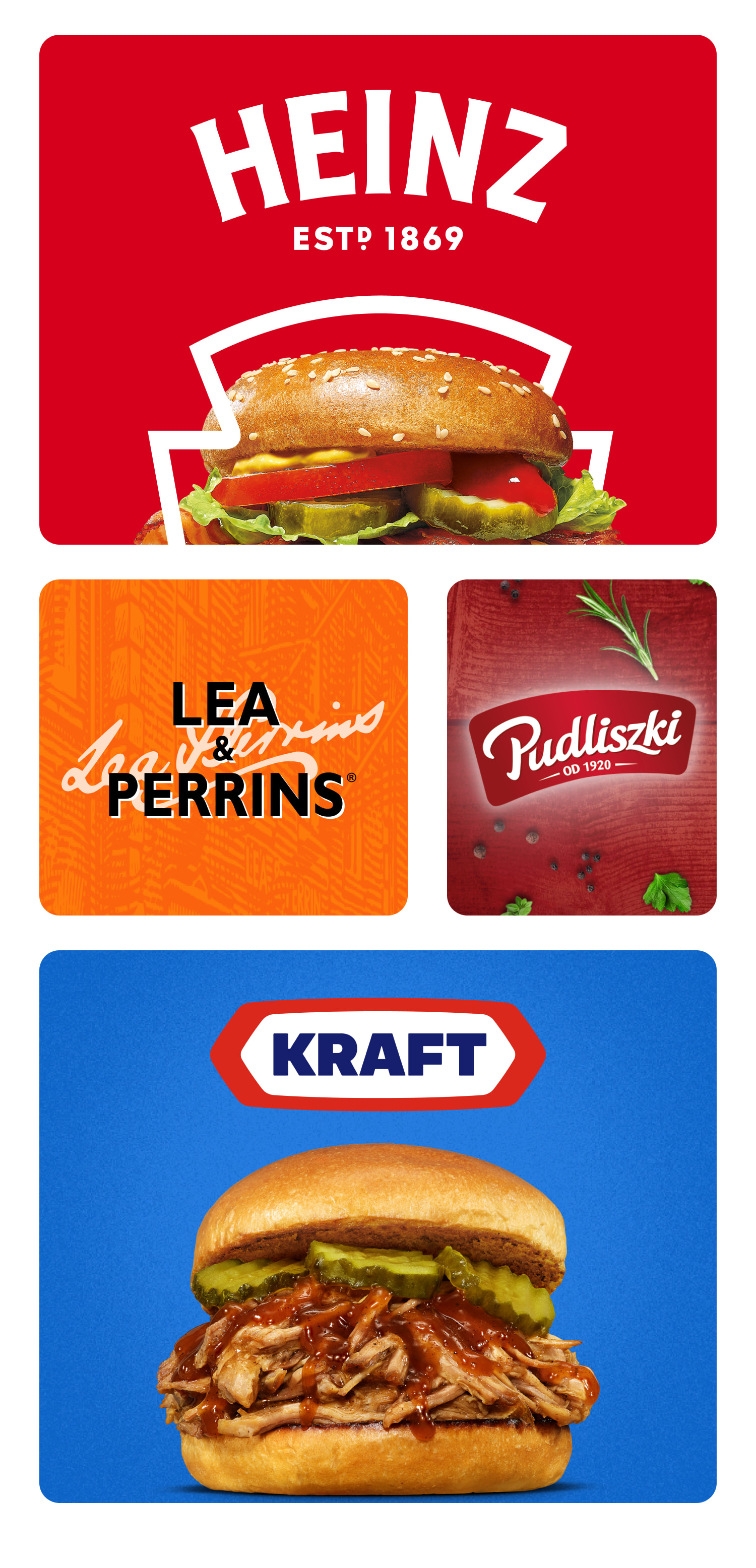 Kolaż produktów spożywczych Heinz, Pudliszki, Lea & Perrins i Kraft.