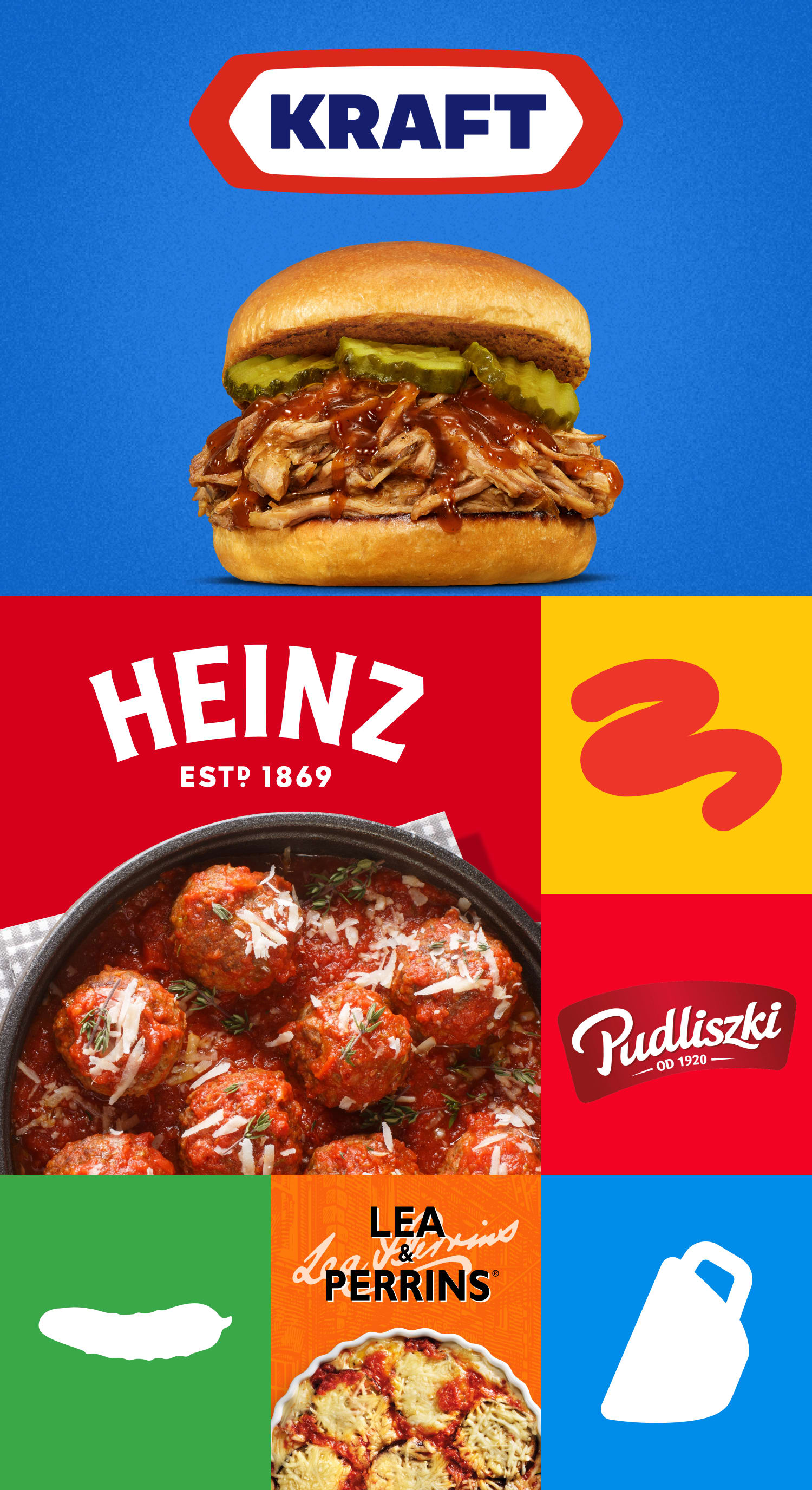 Kolaż różnych produktów spożywczych, takich jak mięsa i sosy.