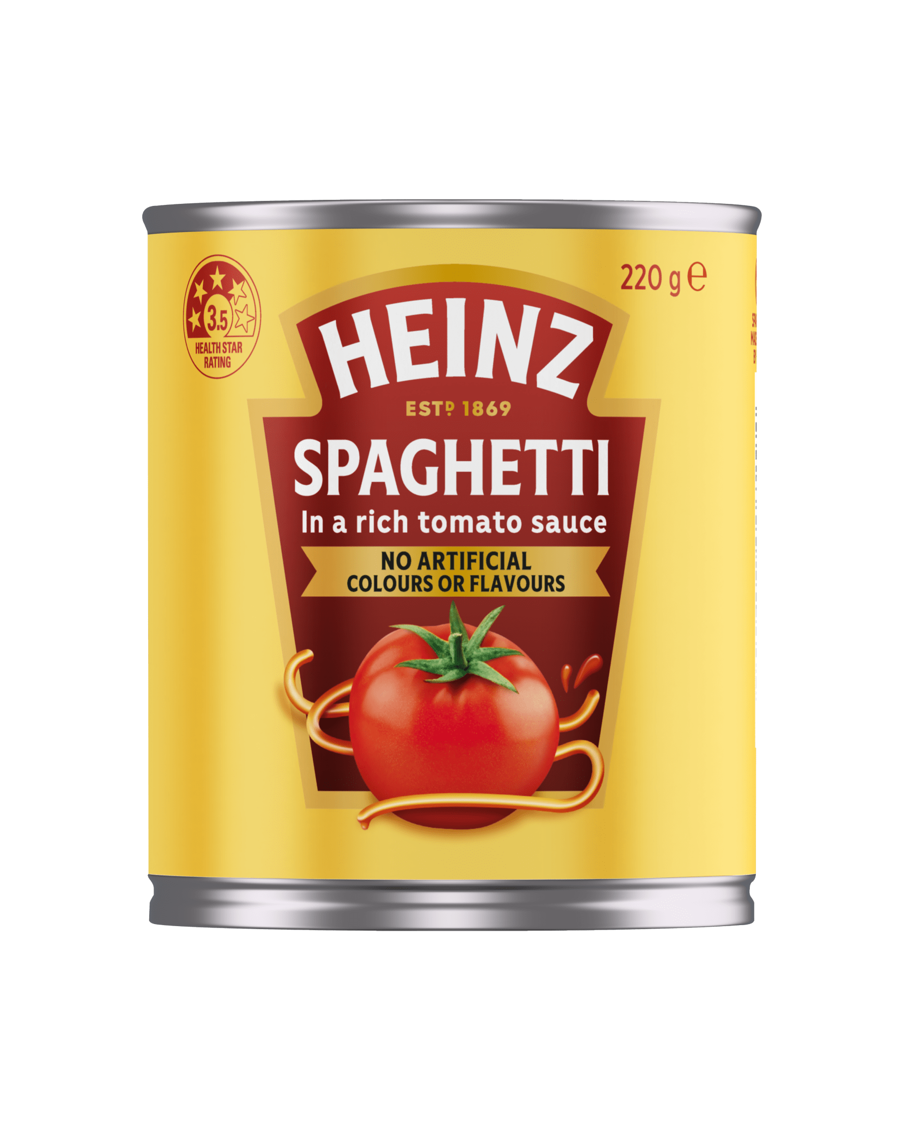 Heinz Spaghetti in a rich tomato sauce 220g can with no artificial colours or flavours and 3.5 health star rating.