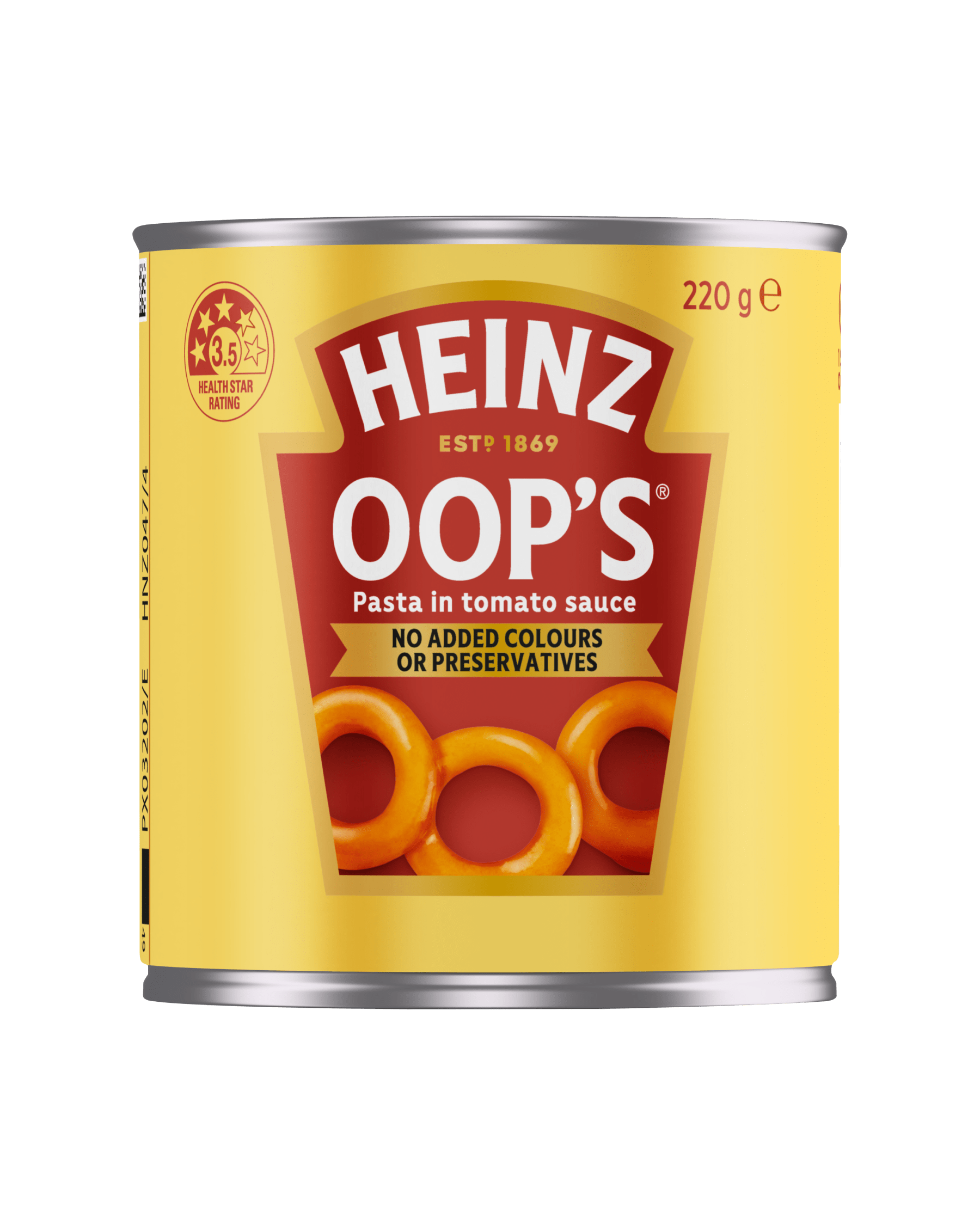 Heinz Oop's 220g can with ring pasta in tomato sauce, no added colours or preservatives, and 3.5 star rating.