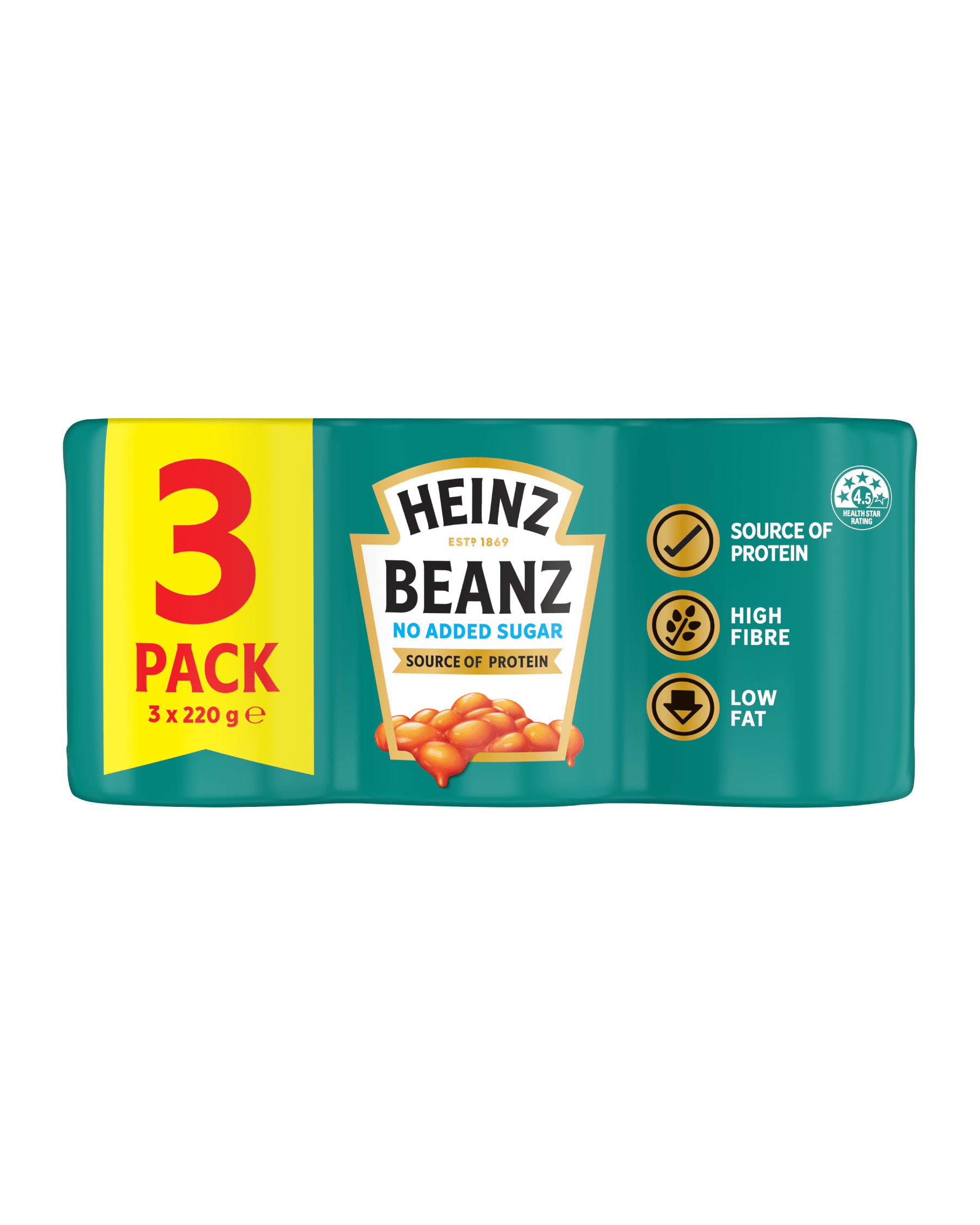 Heinz Beanz No Added Sugar 3-pack multipack (3 x 220g) with high fibre, low fat labels, and 4.5 health star rating.