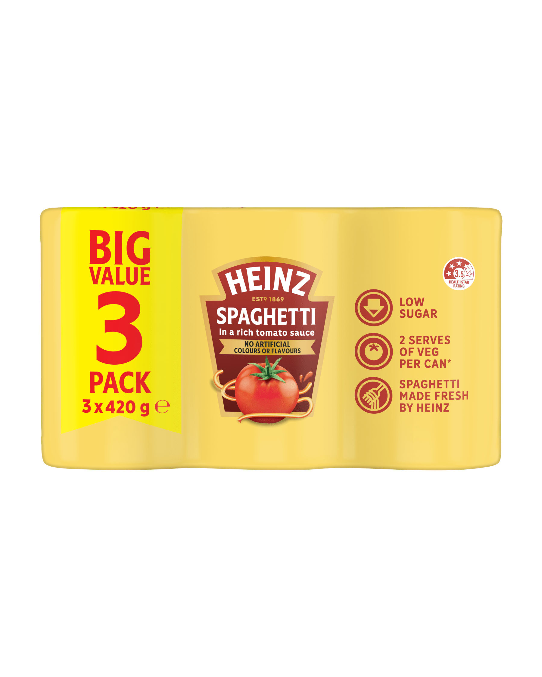Heinz Spaghetti Big Value 3-pack multipack (3 x 420g) in a rich tomato sauce, with a 3.5 health star rating.