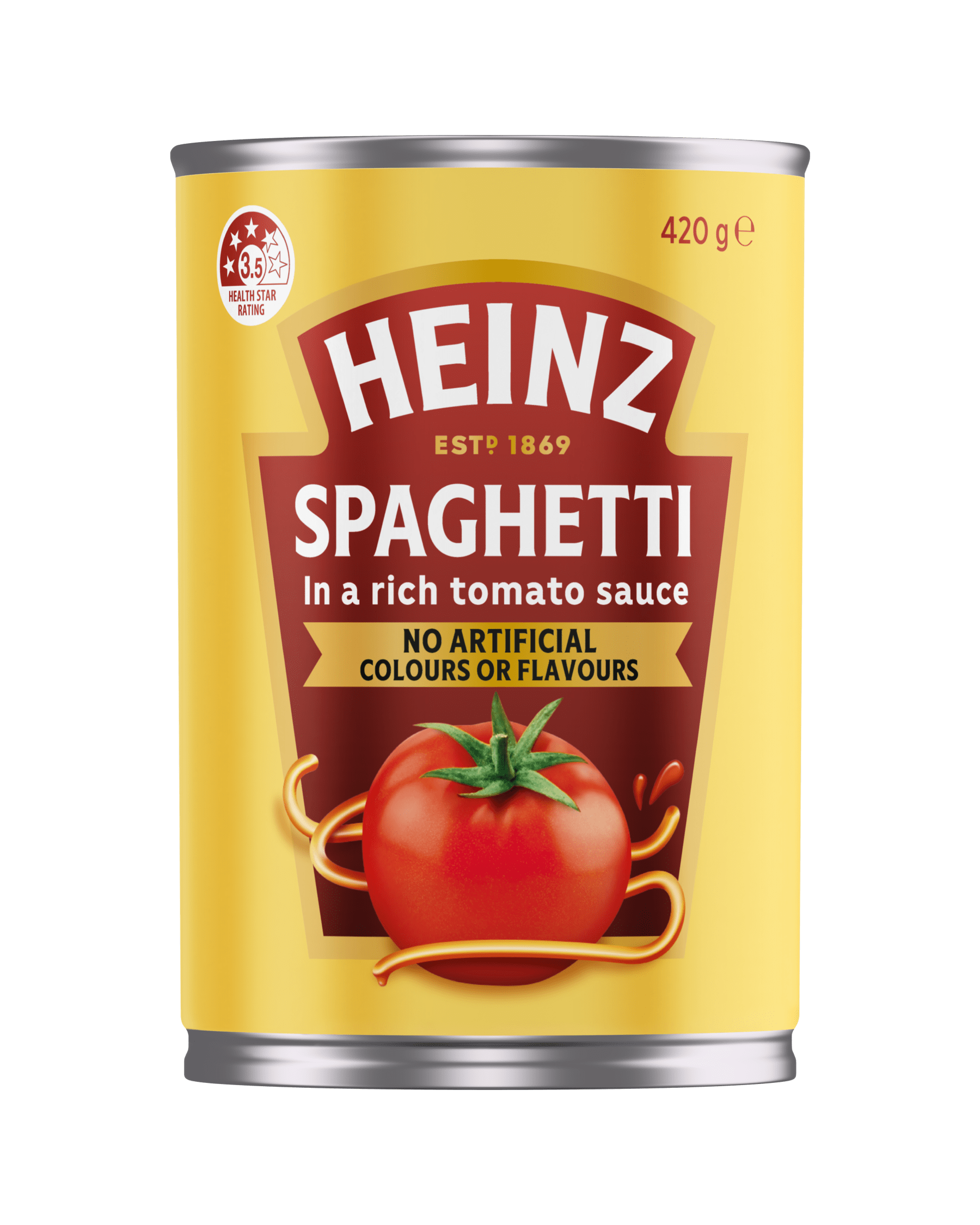 A 420g can of Heinz Spaghetti in a rich tomato sauce with a 3.5-star health rating and no artificial colours label.