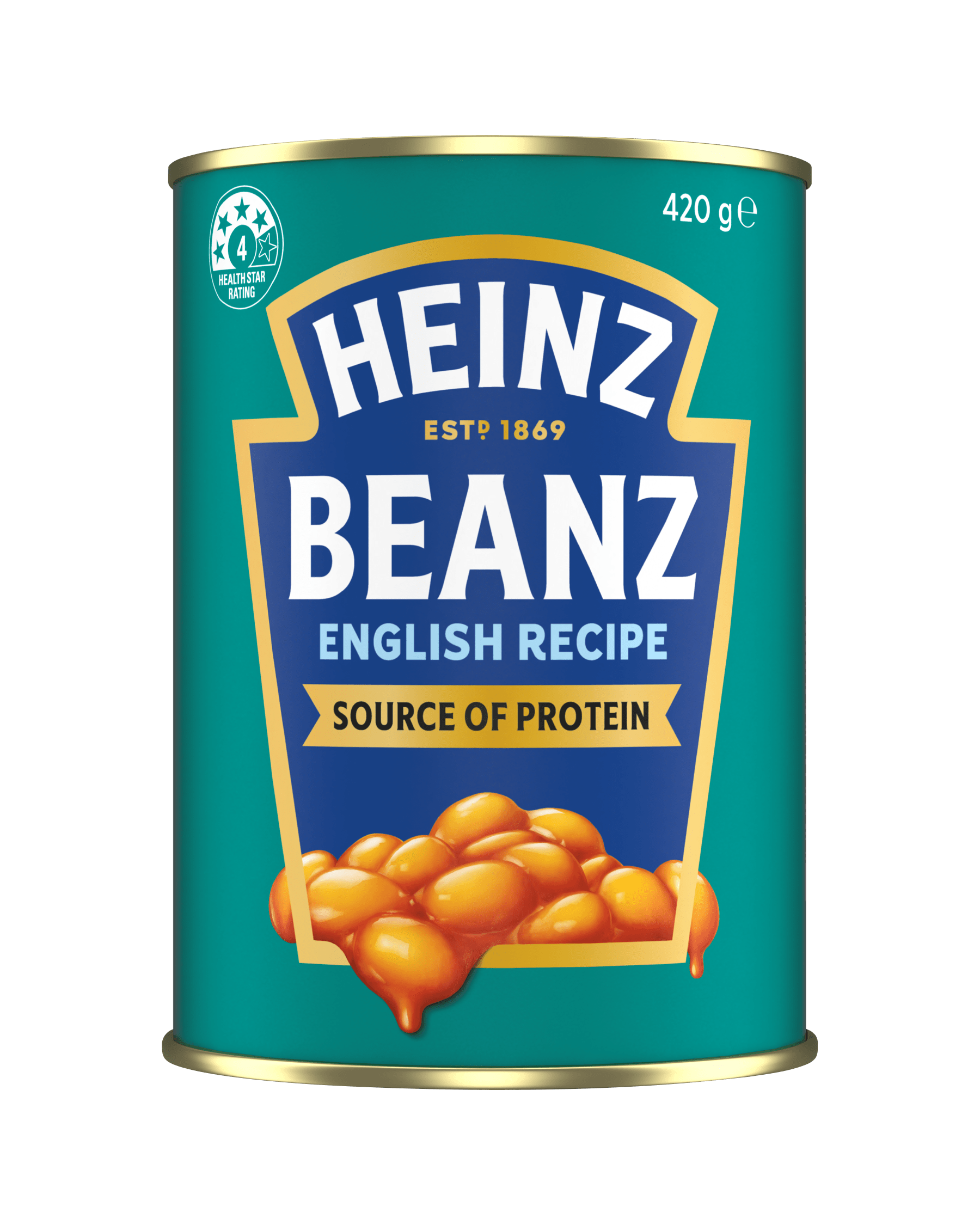 a teal-colored tin of Heinz Beanz English Recipe (420g) 