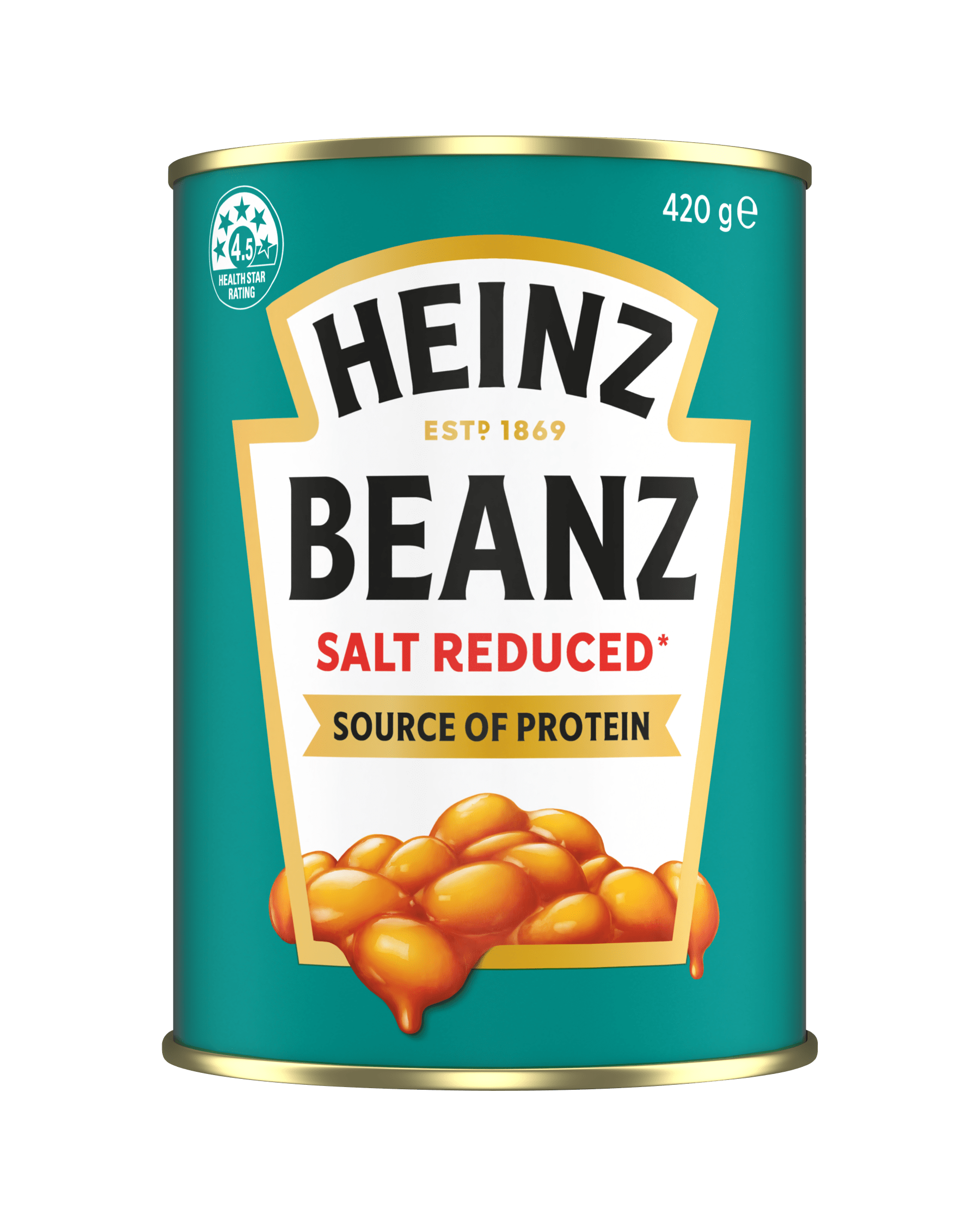 A 420g can of Heinz Beanz Salt Reduced with a 4.5-star health rating and source of protein label.