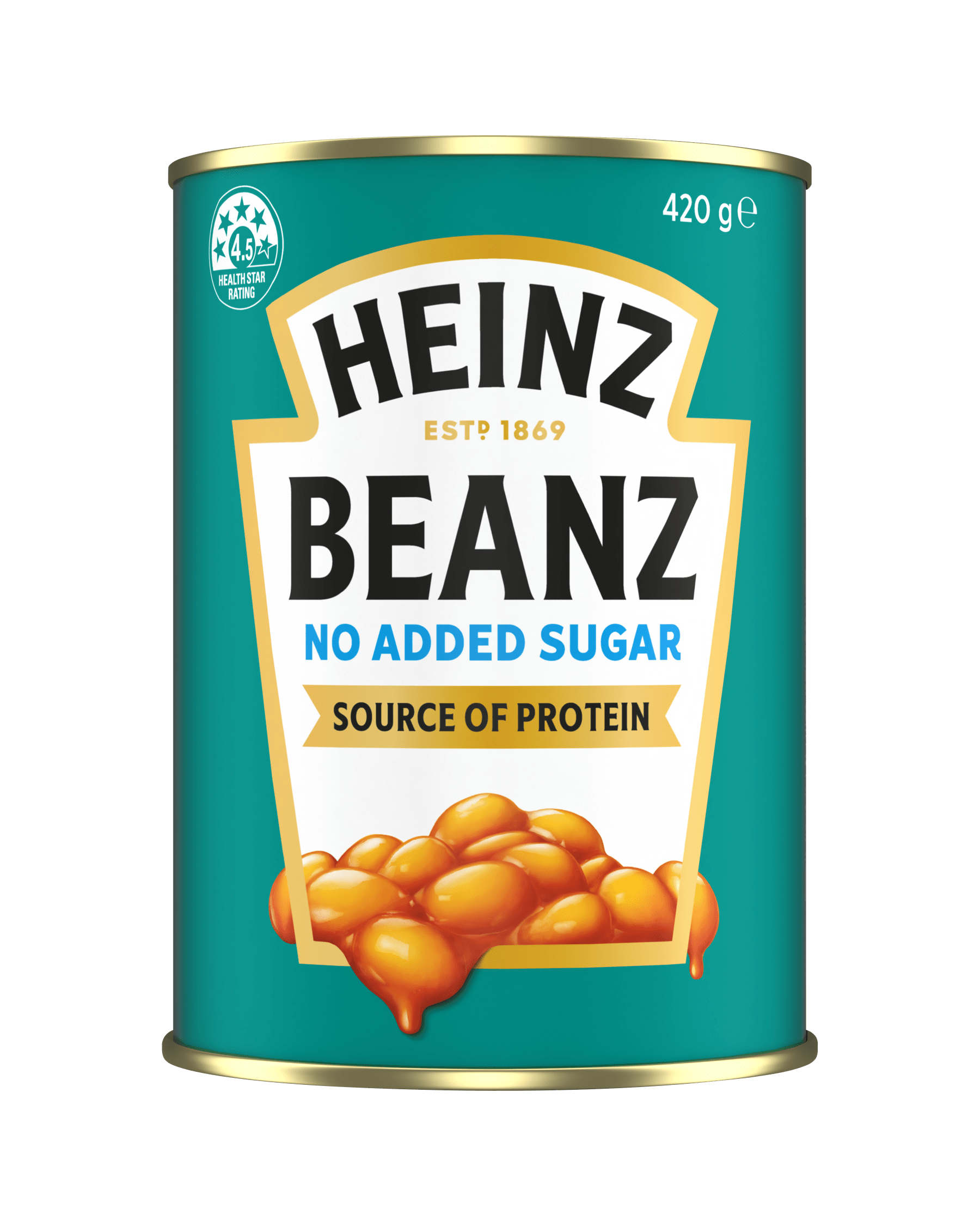 Heinz Beanz No Added Sugar 420g can featuring a source of protein label and 4.5 health star rating.   