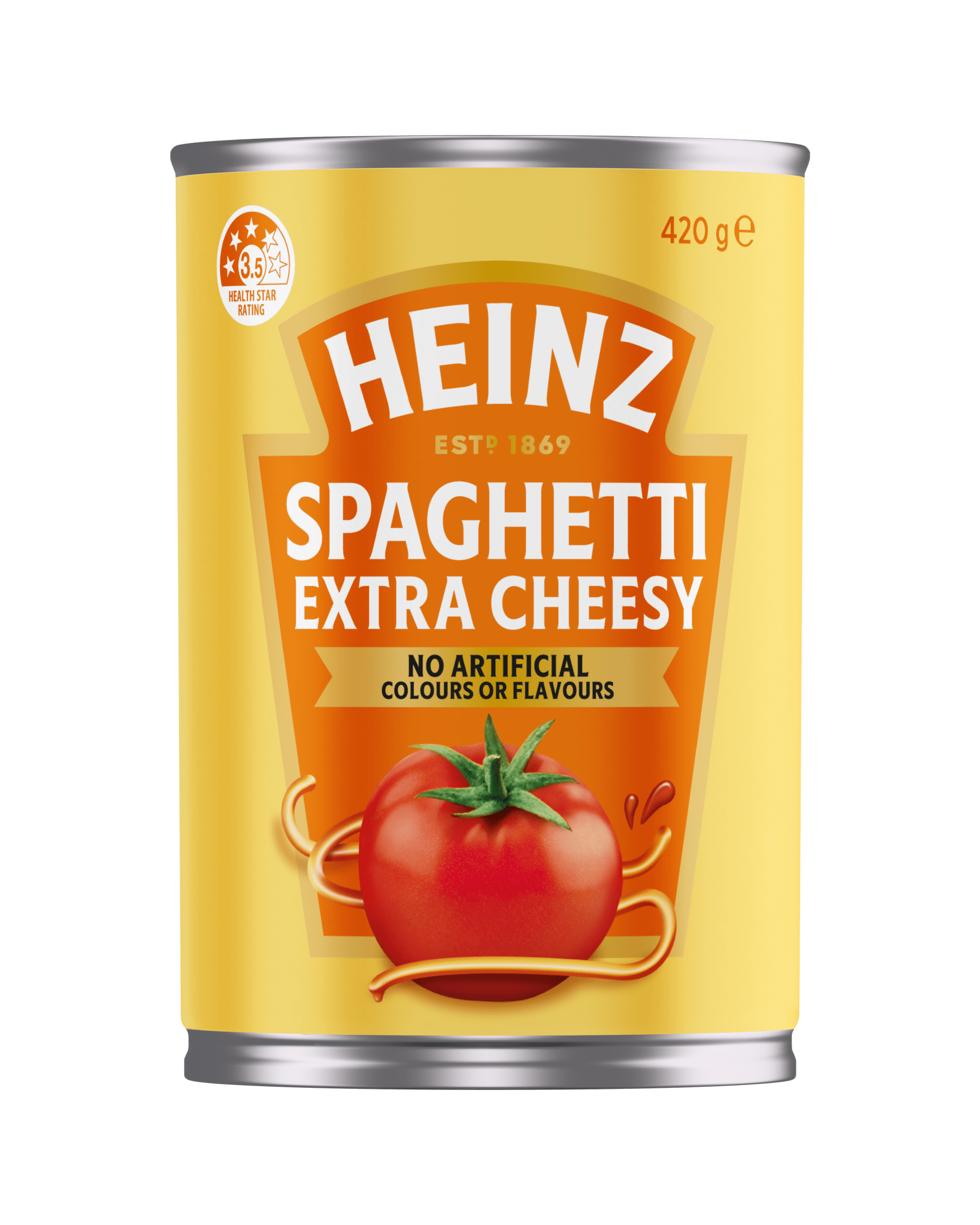Heinz Spaghetti Extra Cheesy 420g can with no artificial colours or flavours label and 3.5 health star rating.