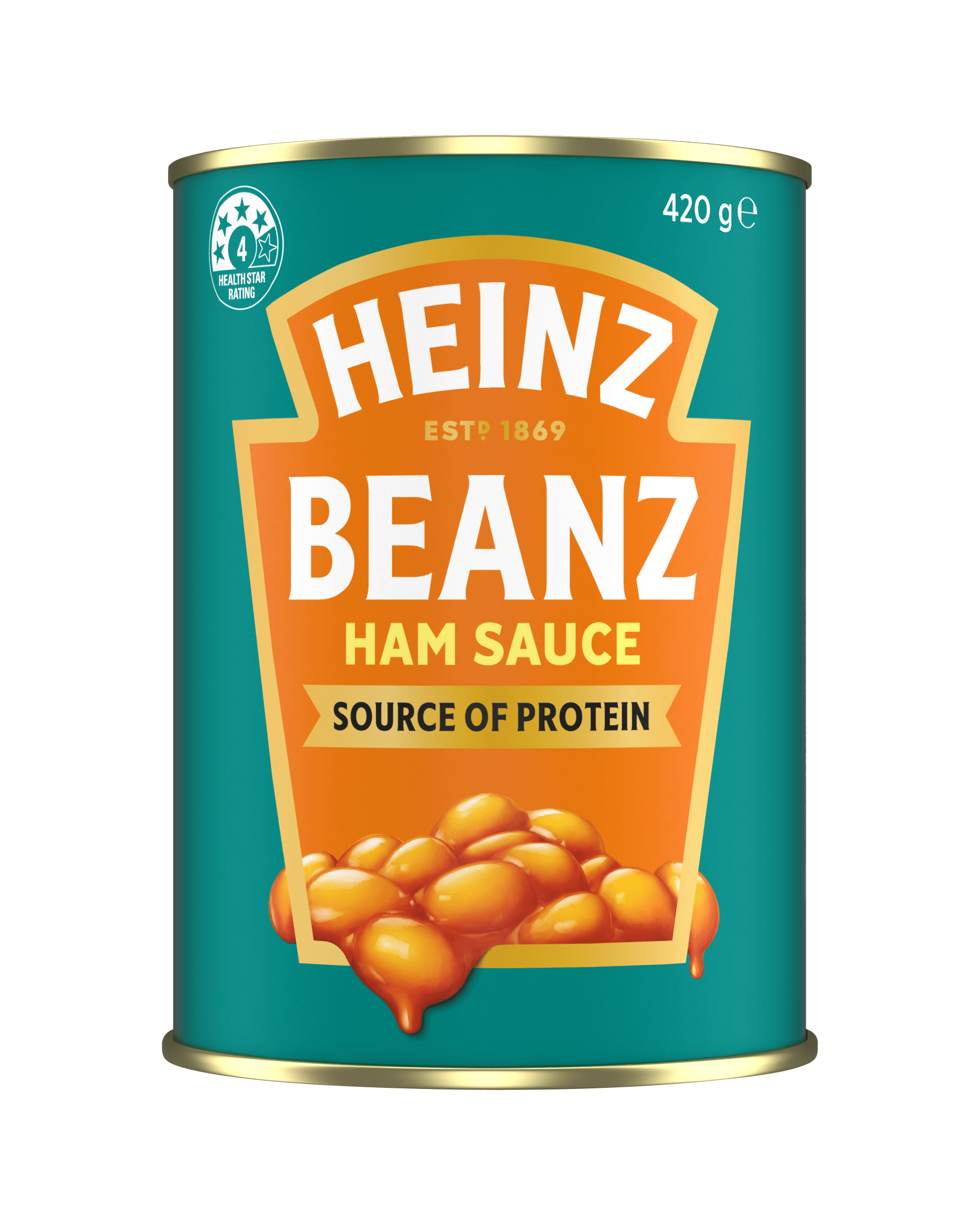 Heinz Beanz Ham Sauce 420g can featuring a source of protein label and 4 health star rating.