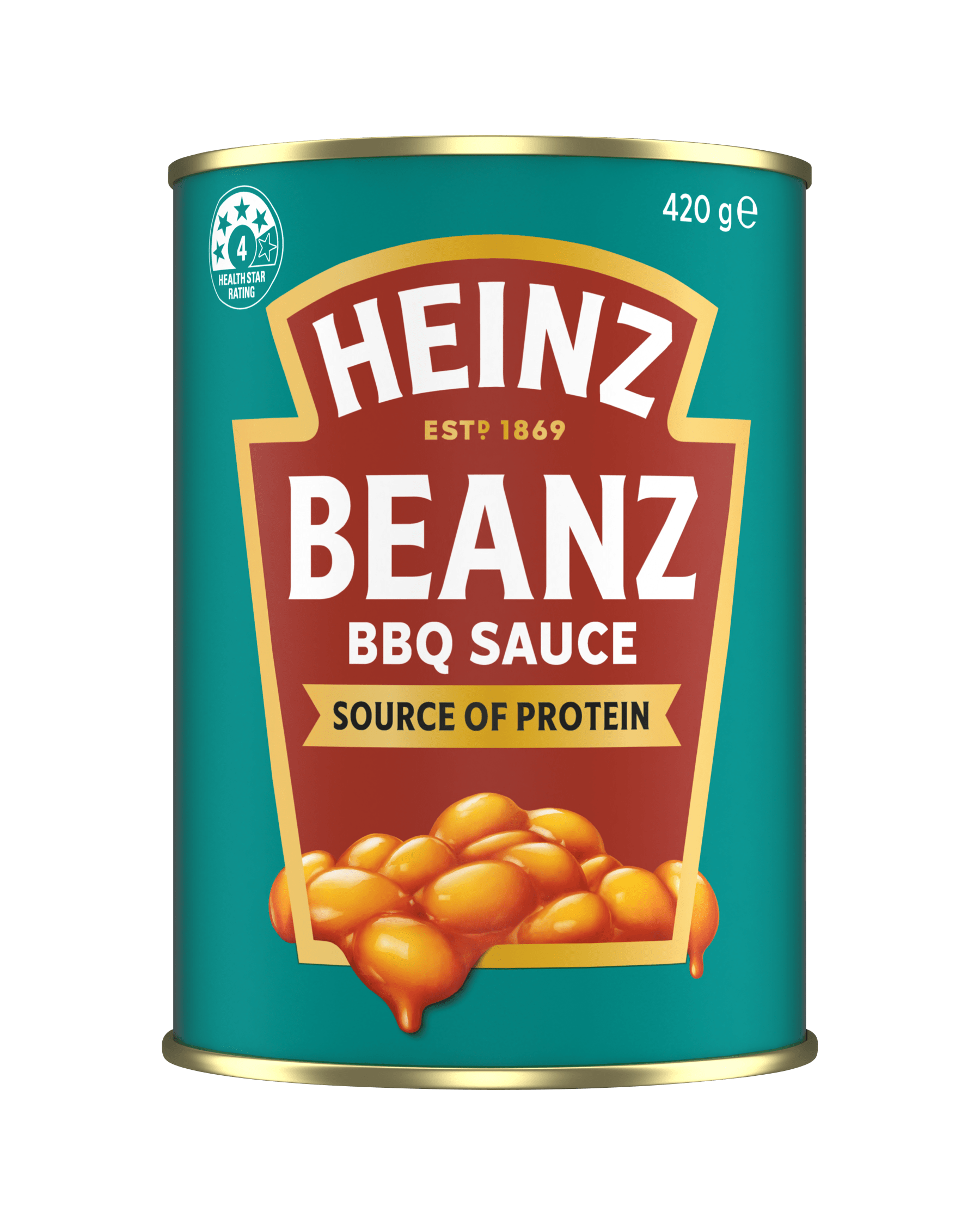 Heinz Beanz BBQ Sauce 420g can featuring a source of protein label and 4 health star rating.