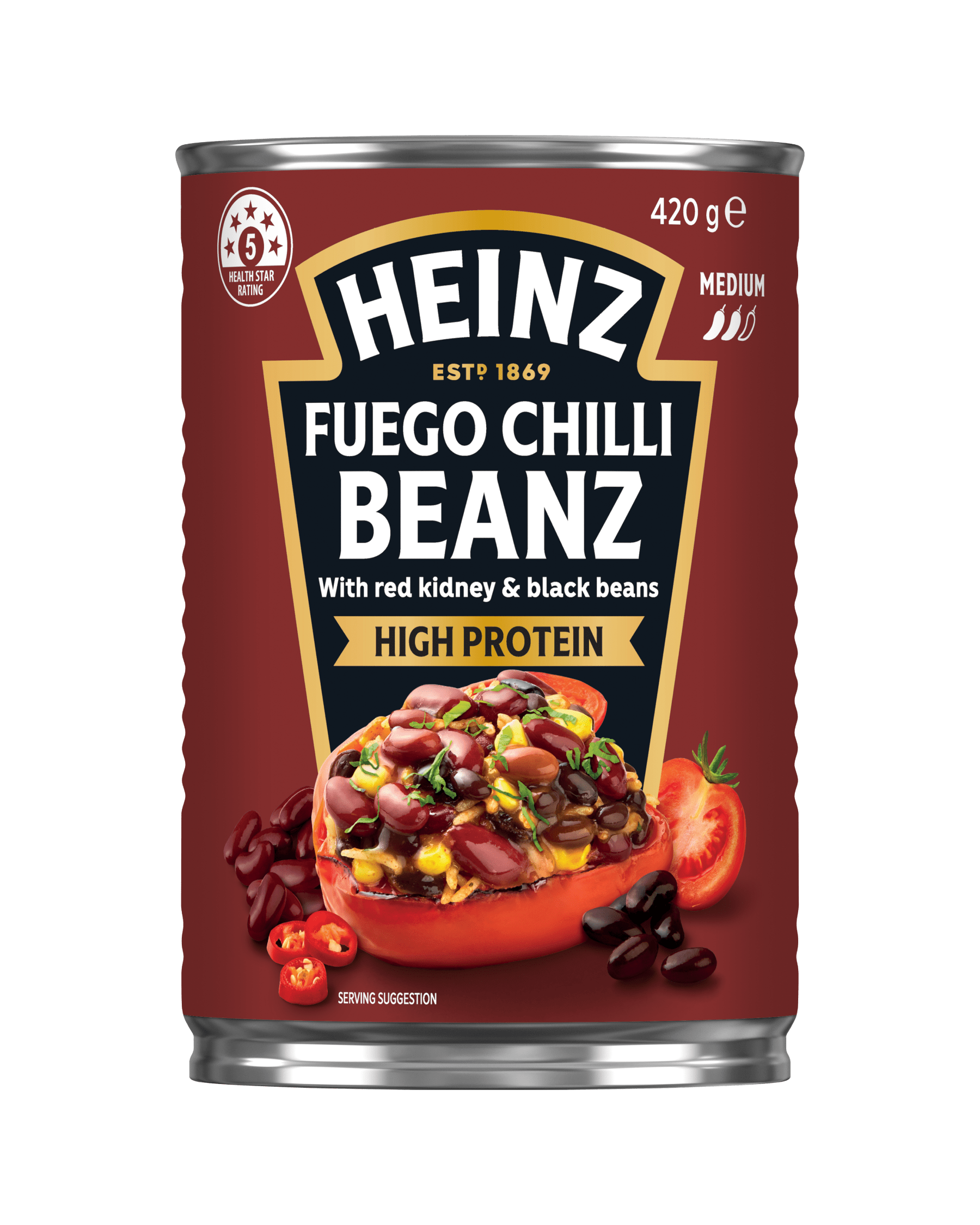 Heinz Fuego Chilli Beanz 420g can with red kidney & black beans, high protein, and 5 health star rating.