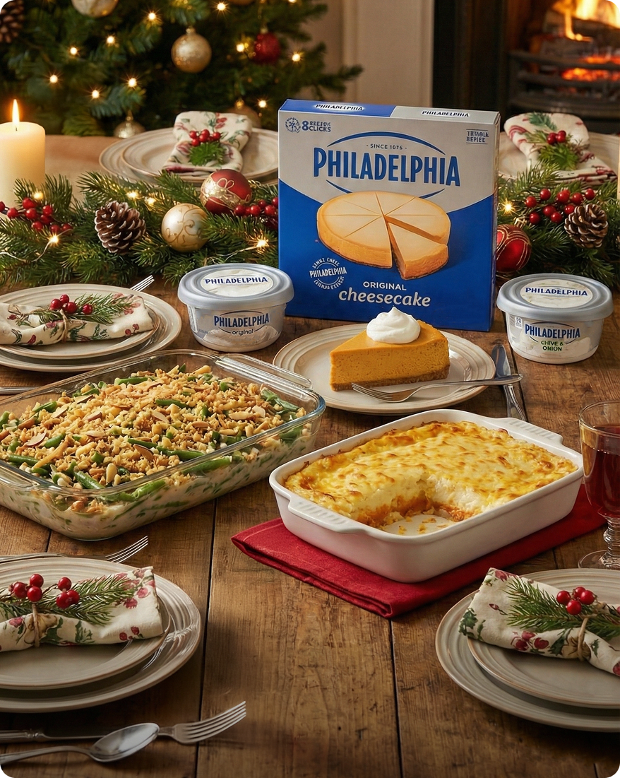 A festive Thanksgiving dinner spread, featuring a turkey breast, stuffing, Heinz Turkey Gravy, dip, and cherry cheesecake.