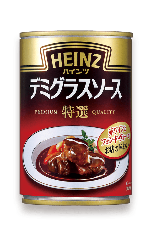 ハインツ特選デミグラスソース缶。赤金、肉煮込み画像、ハインツロゴ、日本語テキスト。
