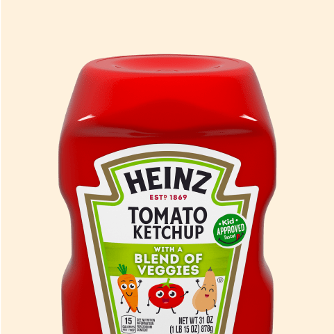 Shop Heinz Kid-Approved Taste Tomato Ketchup, made with a blend of vegetables. Explore our range of kid-approved products, offering the classic Heinz taste with added nutrients. Features the iconic keystone label and playful cartoon vegetables.