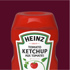Top-down view of a Heinz Tomato Ketchup bottle, showcasing the iconic keystone label and 57 Varieties.