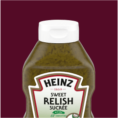 Top-down view of a Heinz Sweet Relish bottle, showcasing the contents and the iconic keystone label.