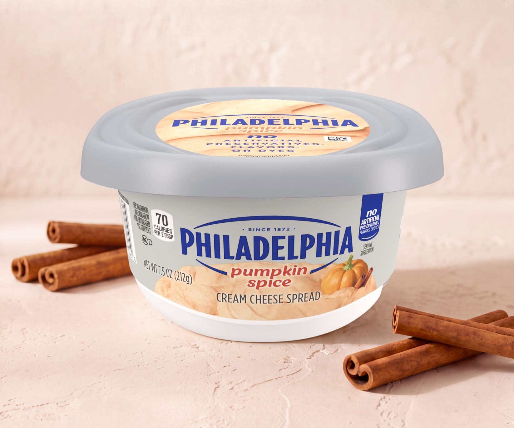 A tub of Philadelphia Pumpkin Spice Cream Cheese Spread surrounded by cinnamon sticks on a textured background.