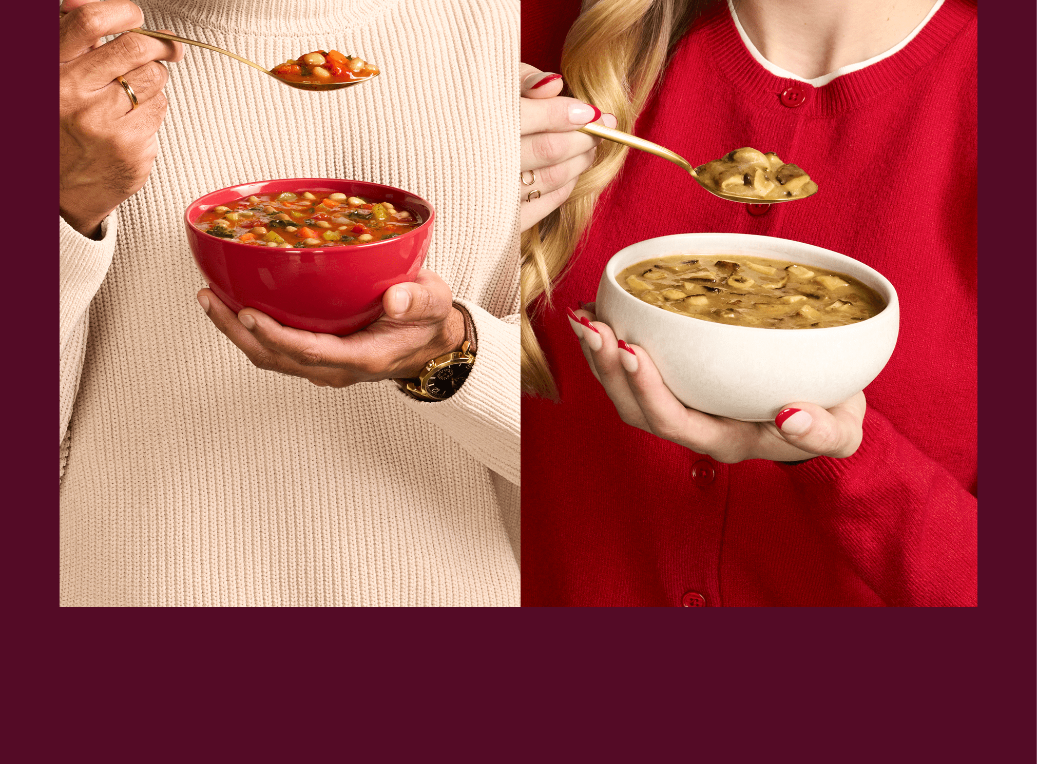 Two people holding bowls of soup: one with tomato vegetable soup, and one with mushroom soup.